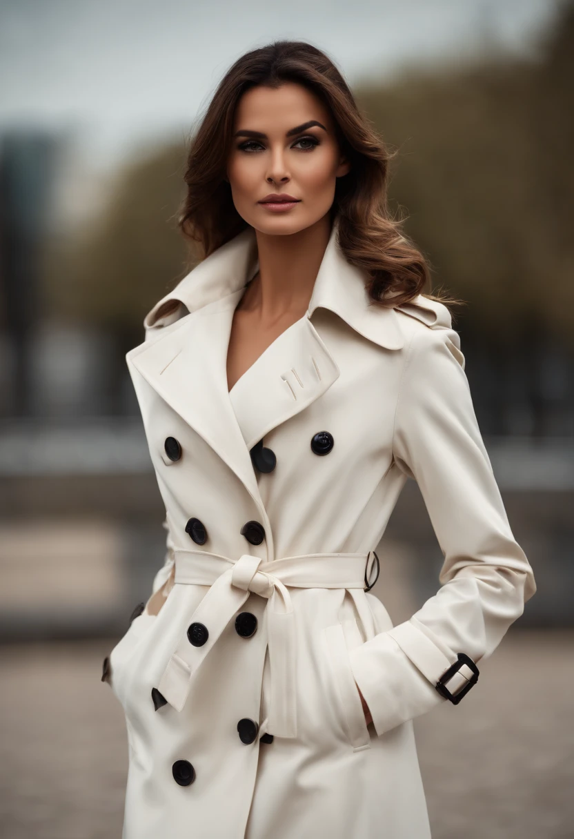 filmposter,(((An Alafi model woman wearing a long white trench coat and black tights underneath poses for a photo))), , Long white coat,Slender and fair thighs,(((Plump breasts))),black heels, warm color clothes, (((Realistic detail expressions:1.3))),Sony SLR lens,Master masterpieces,Shoot at medium distance,Soft lighting,hyper qualit