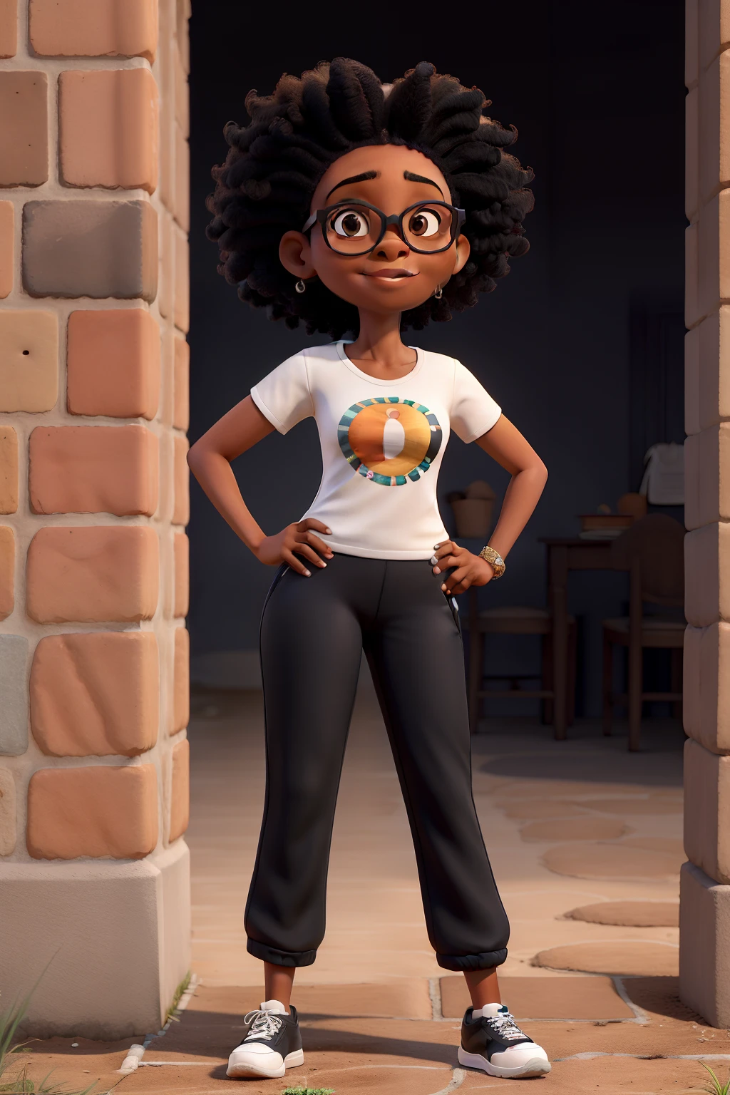 obra-prima, de melhor qualidade, Mulher de 50 anos, afrodescendente, Short straight hair and round black glasses, Loose Tennis Pants Alistar Black,blusa de manga preta com lista branca