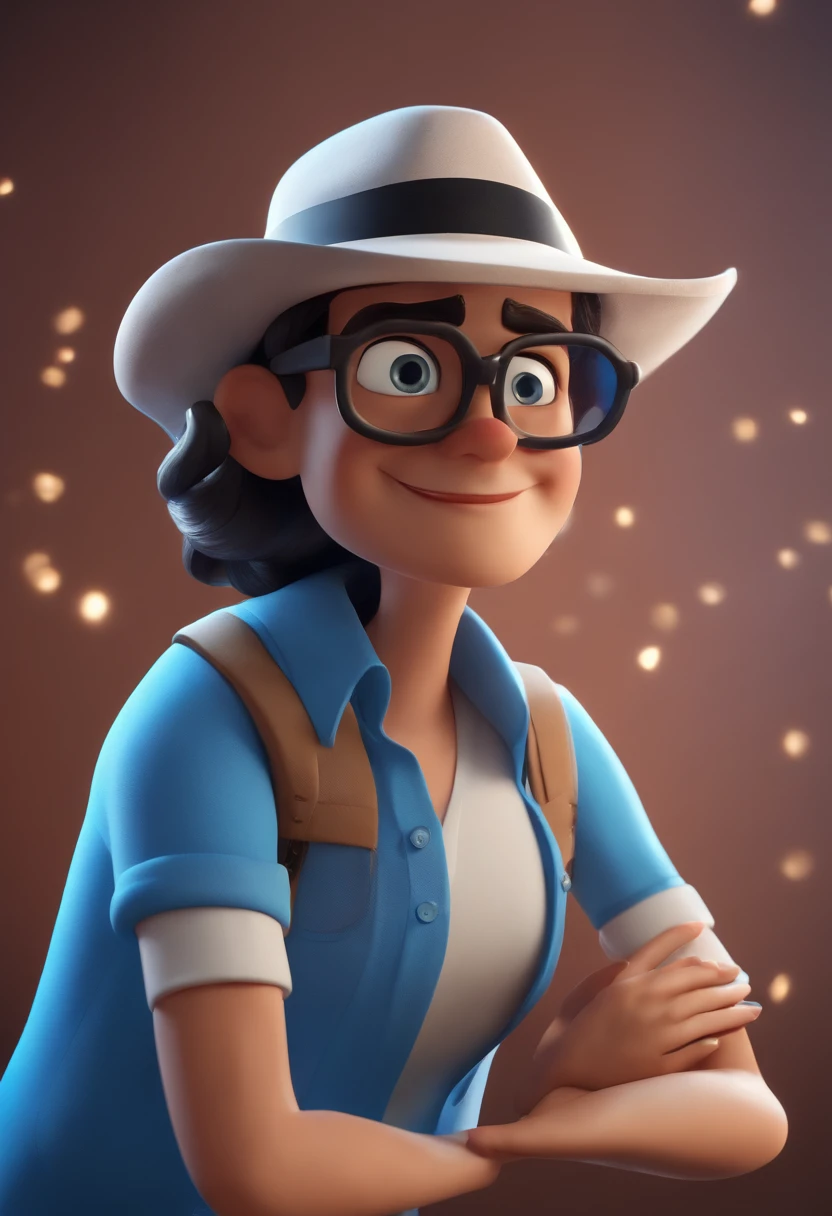 Cartoon character of a man wearing black glasses and a blue shirt, um personagem animado, Caractere estilizado, animation style rendering, 3D estilizado, Arnold Maya render, 3 d render stylized, toon render keyshot, Personagem 3D, Personagem 3D, 3d rendering stylized, 3 d character render, personagem de desenho animado, Personagem de close up, Pose de personagem, (Estilo Pixar) (master part:1.2) (Bokeh) (best quality) (pele detalhada) (textura detalhada) (8k) (argila) (Cinematic lighting) (foco nítido,Senta e vaza a parte superior do corpo