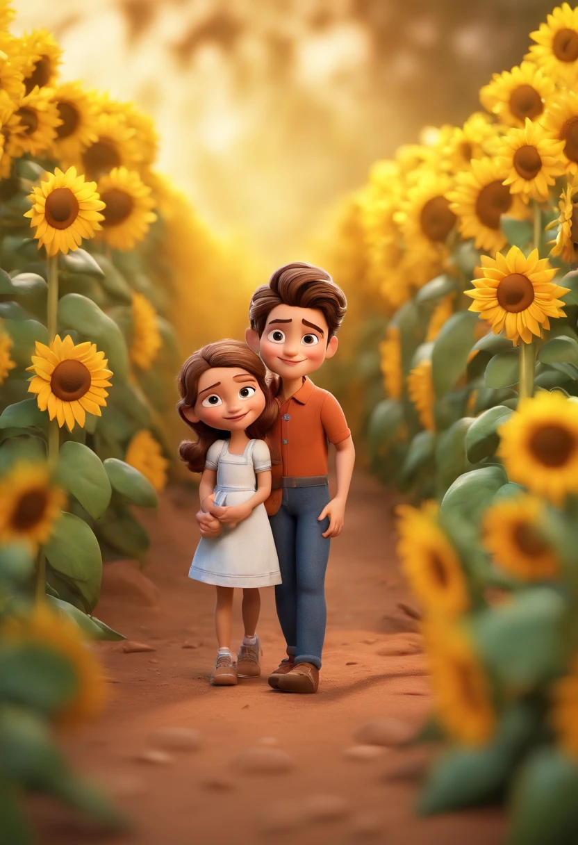 Create a Disney PIXAR-style 3D poster. ((centro da imagem)), (( 1 homem adulto, Branco, sem barba, cabelo castanho claro curto e liso, 2 s, They're hugging each other, a meninaele branca, cabelos loiros e tem olhos castanhos claros, a menina tem panca , olhos escuros cabelos castanhos claro e liso)) ((tudo isso no estilo Disney PIXAR 3D, In the background, A house of sunflowers, a sign written by Antonella's daddy's house and Rafaella Estúdio Glória, The garden is full of nature 3D render RTX clay material, estilo de design cartunesco, POP Mart, soft lighting, linhas suaves, Spring tilt, Detailed illustrations of PIXAR 3D, Detalhes hiper-realistas, cor quente no estilo Disney PIXAR 3D))