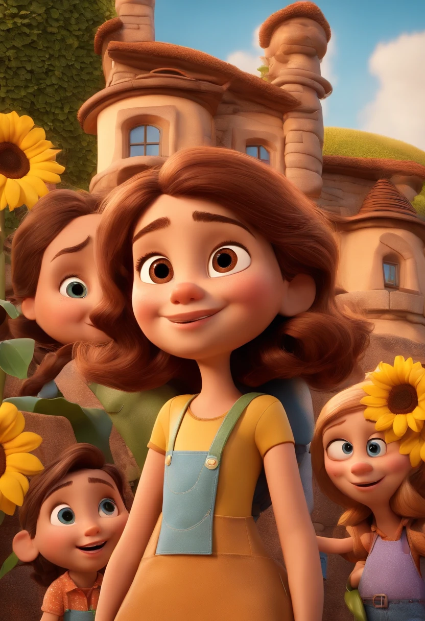Create a Disney PIXAR-style 3D poster. ((centro da imagem)), (( 1 homem adulto, Branco, sem barba, cabelo castanho claro curto e liso, 2 meninas, They're hugging each other, a menina tem pele branca, cabelos loiros e tem olhos castanhos claros, a menina tem pele branca , olhos escuros cabelos castanhos claro e liso)) ((tudo isso no estilo Disney PIXAR 3D, In the background, A house of sunflowers, a sign written by Antonella's daddy's house and Rafaella Estúdio Glória, The garden is full of nature 3D render RTX clay material, estilo de design cartunesco, POP Mart, soft lighting, linhas suaves, Spring tilt, Detailed illustrations of PIXAR 3D, Detalhes hiper-realistas, cor quente no estilo Disney PIXAR 3D))