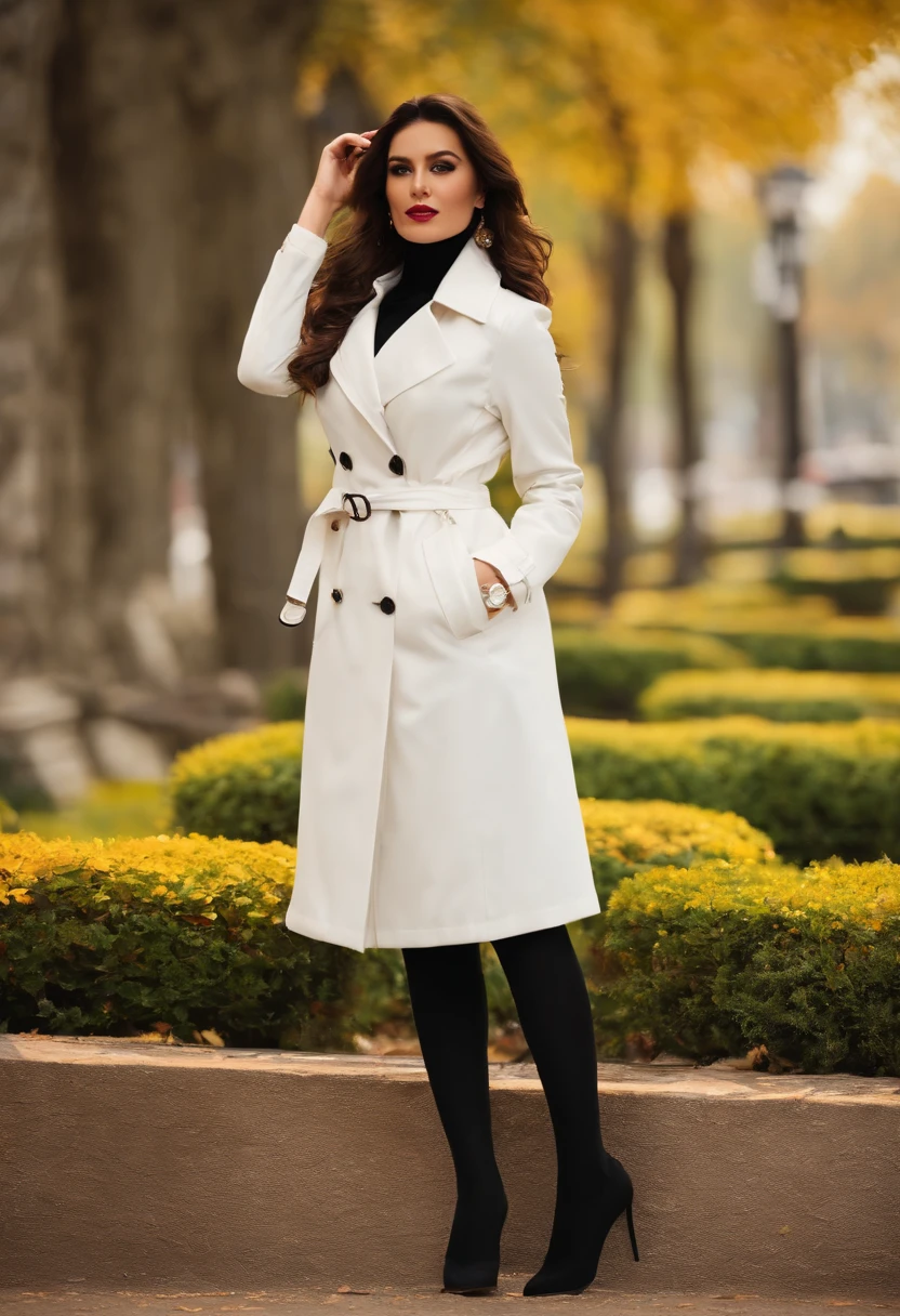 wallpaper hd，(((An Alafi model woman wearing a long white trench coat and black tights underneath poses for a photo))), , Long white coat，Slender and fair thighs，(((Plump breasts)))，black heels, warm color clothes, (((Realistic detail expressions：1.3)))，Sony SLR lens，Master masterpieces，Shoot at medium distance，Soft lighting，hyper qualit