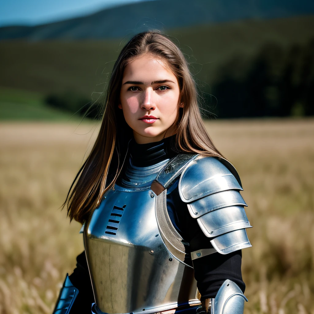 Foto RAW, A close-up portrait photo of brunette girl in plate armor, corte de cabelo curto, pale skinned, corpo magro, Background is field, (pele altamente detalhada: 1.2), 8k uhd, dslr, soft-lighting, alta qualidade, grain of film, Fujifilm XT3