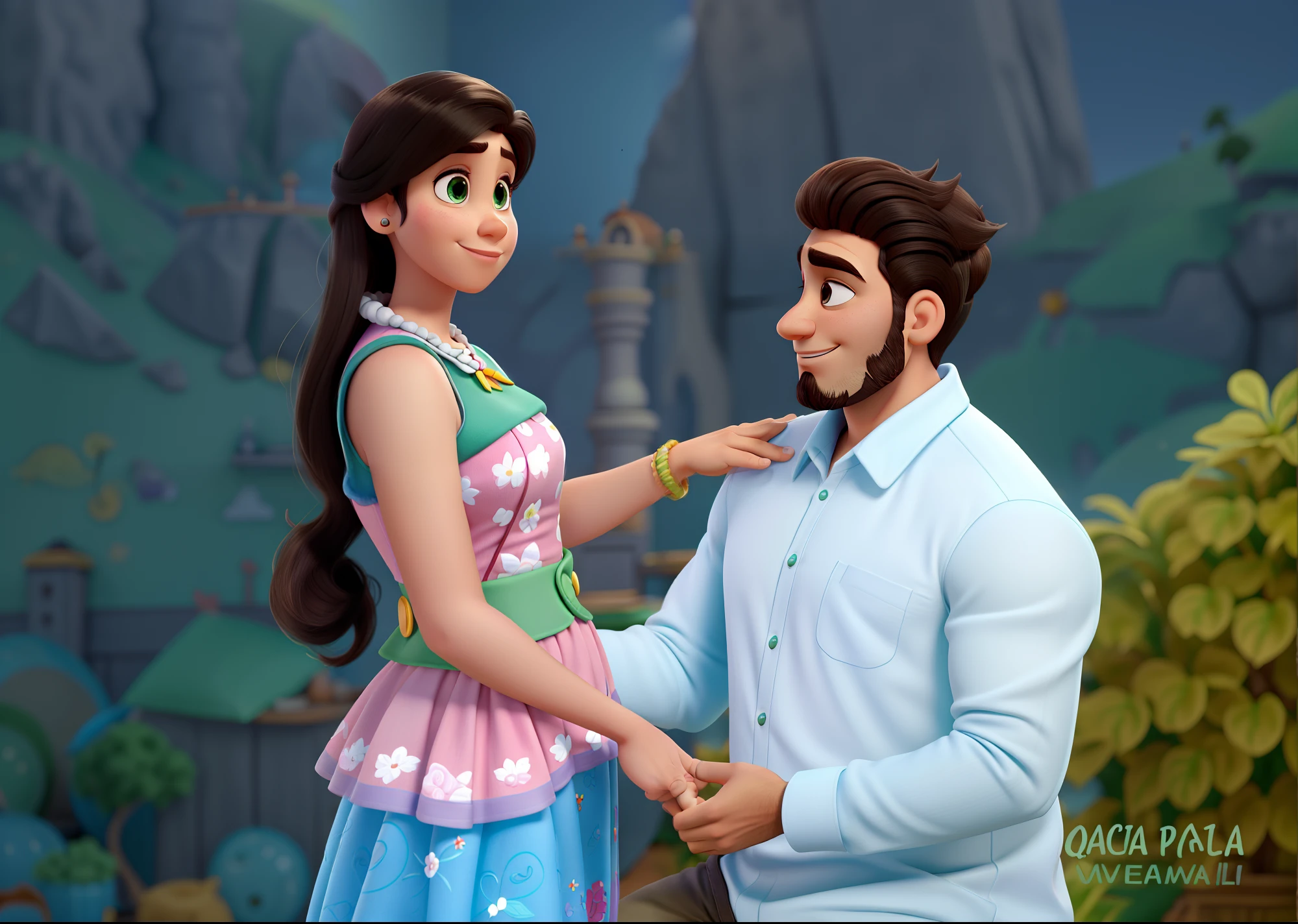 Casal estilo disney pixar melhor qualidade alta qualidade. Homem moreno olhos verdes cabelo curto com barba baixa e mulher cabelo longo e castanho
