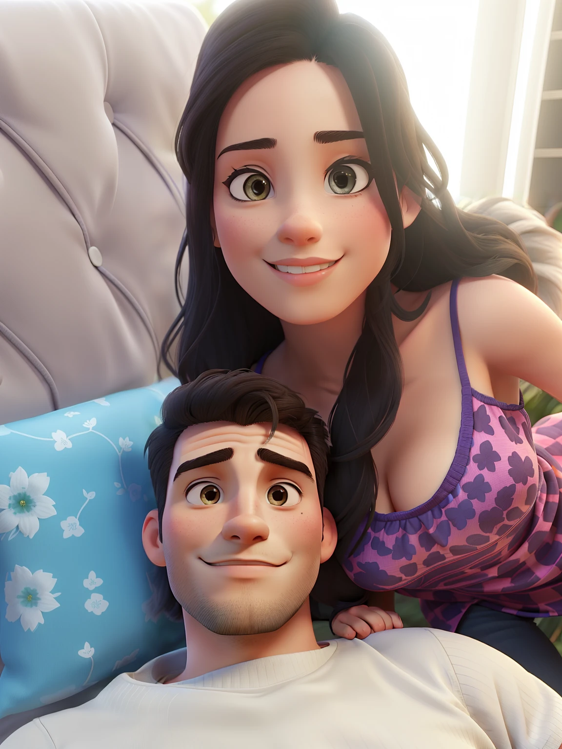 Cute couple, sexy woman, sexy man in the middle of nature with exotic animals