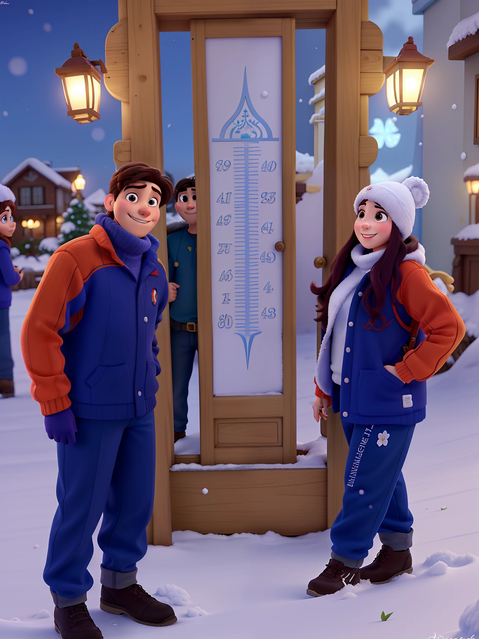 Crie um poster no estilo Disney pixar, casal na neve