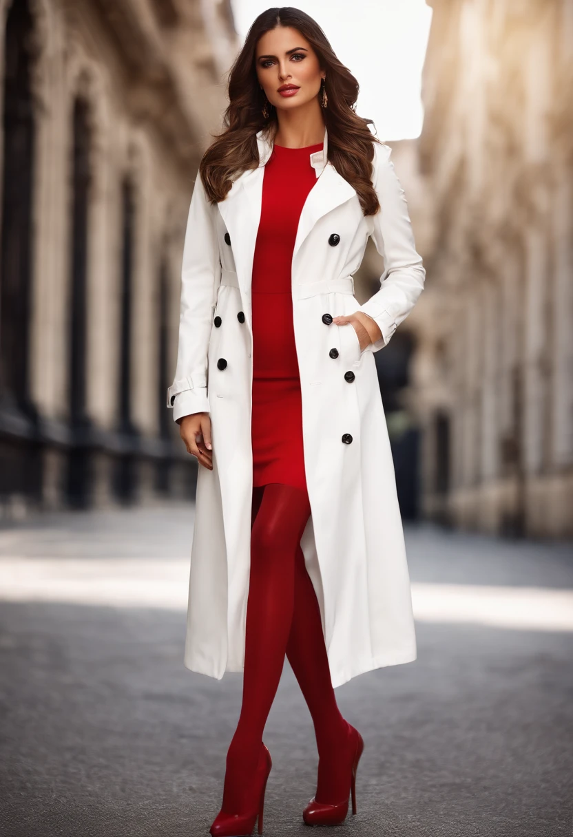 wallpaper hd，(((An Alafi model woman wearing a long white trench coat and red tights underneath poses for a photo))), , Long white coat，Slender and fair thighs：1.3，(((Plump breasts)))，black heels, warm color clothes, (((Realistic detail expressions：1.3)))，Sony SLR lens，Master masterpieces，Shoot at medium distance，Soft lighting，Super high quality is warming up