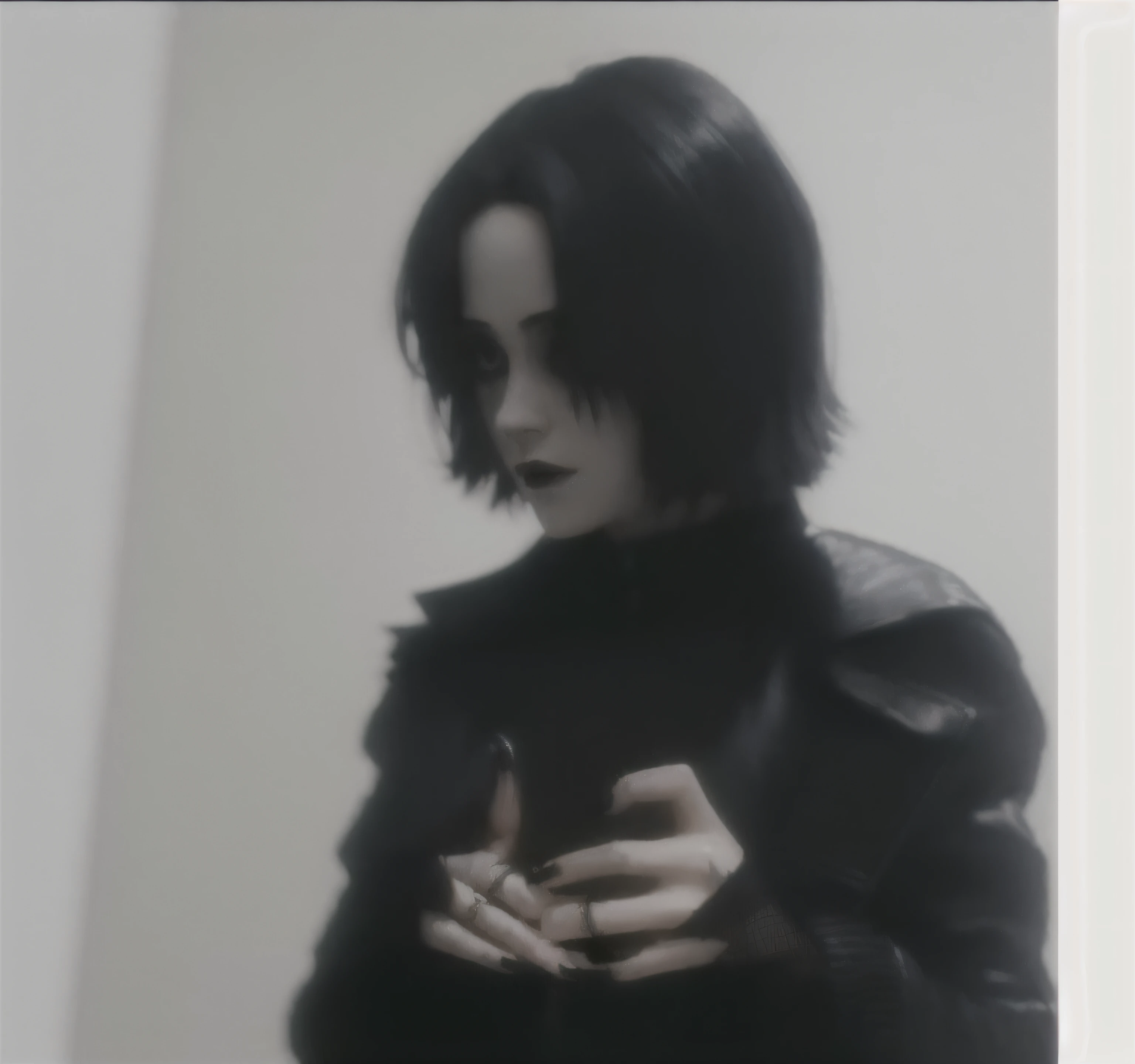 (best quality,4k,8k,highres,masterpiece:1.2),ultra-detailed,realistic:1.37,TimBurton Animation,1girl,alone,blurry background,black hair,widened eyes,short fur,horror(theme),detailed lips,dark,makeup,portrait,black eyes