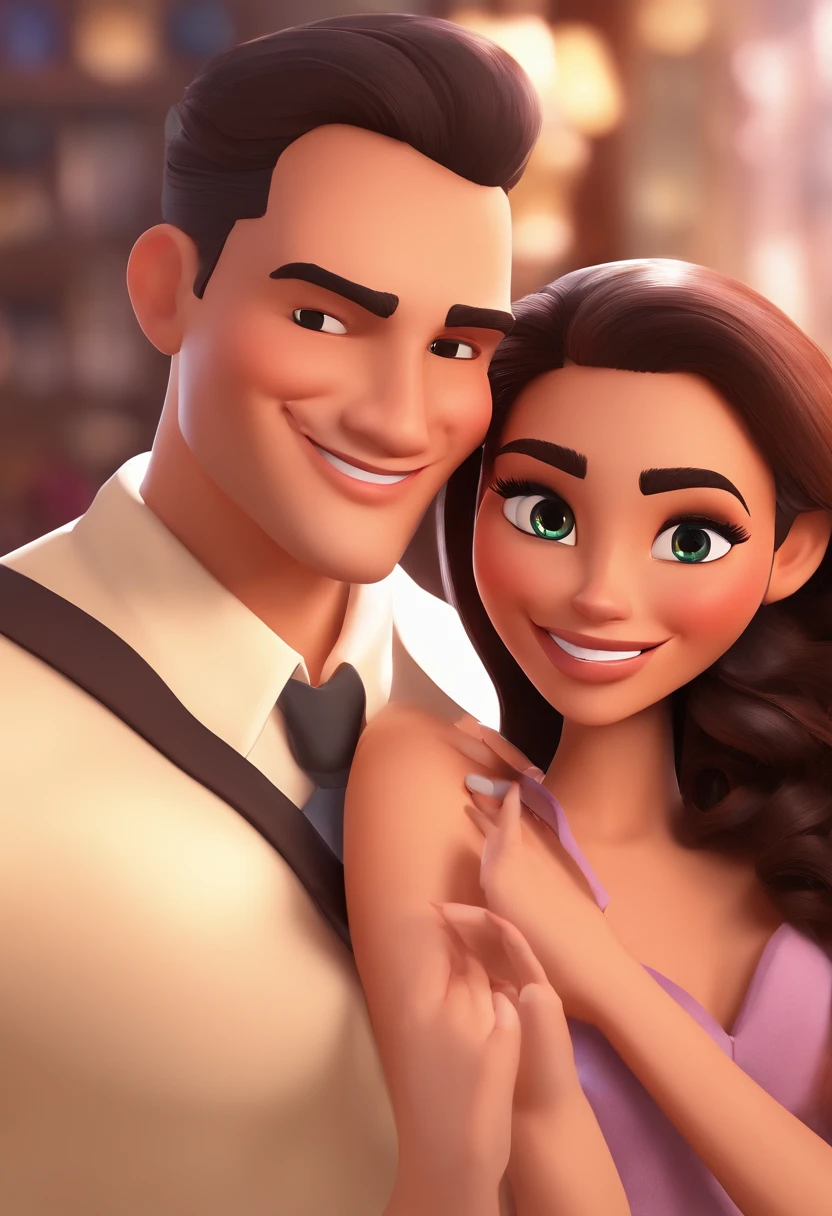 An illustration of an adorable couple, Highlight for a brunette man and a brunette woman with beautiful expressive eyes – the man's skin is brown and the man's hair is military and black, while the woman's skin is brown and the woman's hair is curly and brown. They are a bright room, cada um com um sorriso no rosto, e compartilhar um momento especial caracterizado pelo amor, Insights. Illustrate this scene from a perspective where they are facing the camera, Smiling and Showing Your Connection. Desenvolva esta arte em Full HD, Focus on your cinematic touch, Estilo Disney Pixar Animations