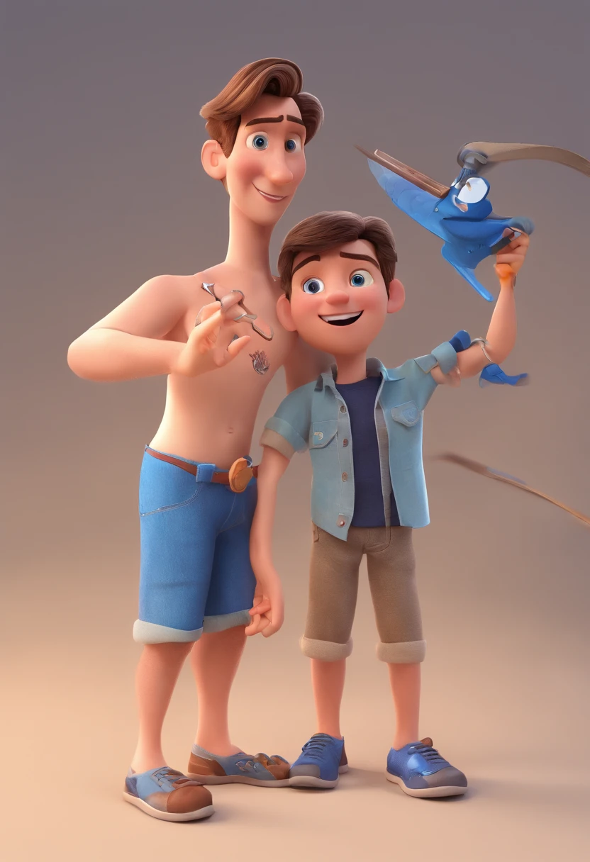 Estilo Pixar: The grown man is holding a naked blue-eyed boy and in his other hand he is holding a pair of scissors and is trying to cut off the boy's testicles,3D Poster,Disney