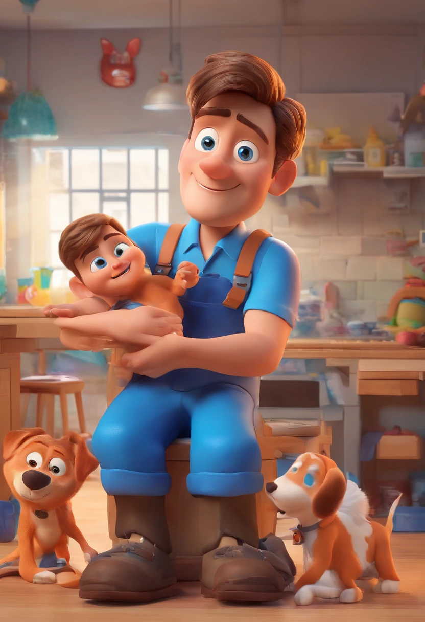 Estilo Pixar: The grown man is holding a naked blue-eyed boy and in his other hand he is holding a pair of scissors and is trying to cut off the boy's testicles,3D Poster,Disney
