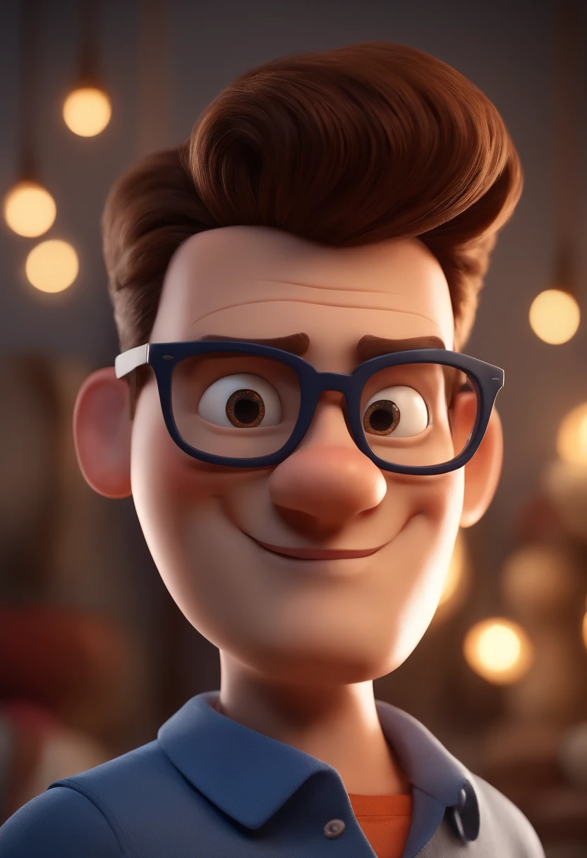Cartoon character of a man with black glasses and a blue shirt, animation character, Caractere estilizado, animation style rendering, 3D estilizado, Arnold Maya render, 3 d render stylized, toon render keyshot, Personagem 3D, Personagem 3D, 3d rendering stylized, 3 d character render, personagem de desenho animado, Personagem de close up, Pose de personagem, (Estilo Pixar) (master part:1.2) (Bokeh) (best quality) (pele detalhada) (textura detalhada) (8k) (argila) (Cinematic lighting) (foco nítido