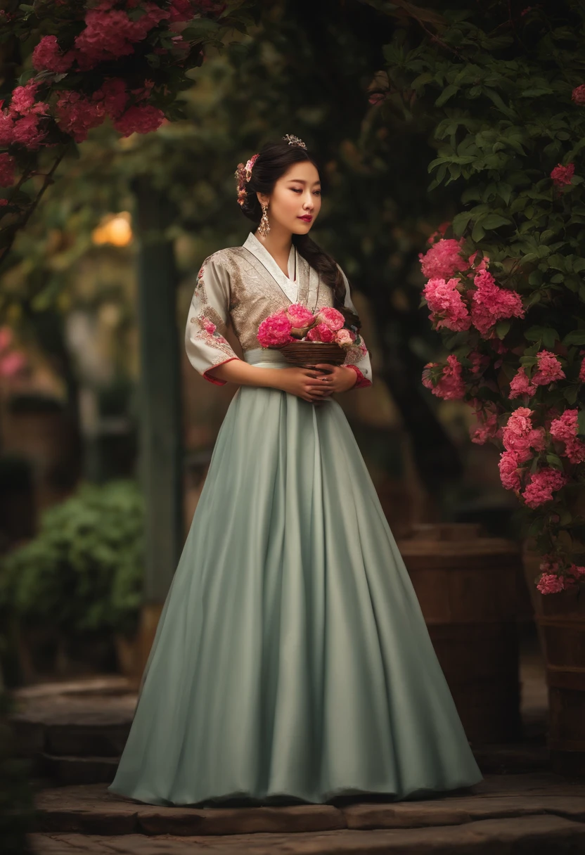 best quality, High_resolution, diferente_imagem, Antecedentes detalhados ,garota nua, pelada, Hanbok,flor,Jardim,lua, Noite,Dutch angle, tiro largo, coroa,