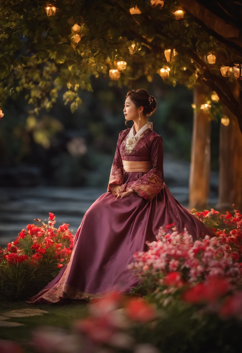 best quality, High_resolution, diferente_imagem, Antecedentes detalhados ,garota nua, pelada, Hanbok,flor,Jardim,lua, Noite,Dutch angle, tiro largo, coroa,