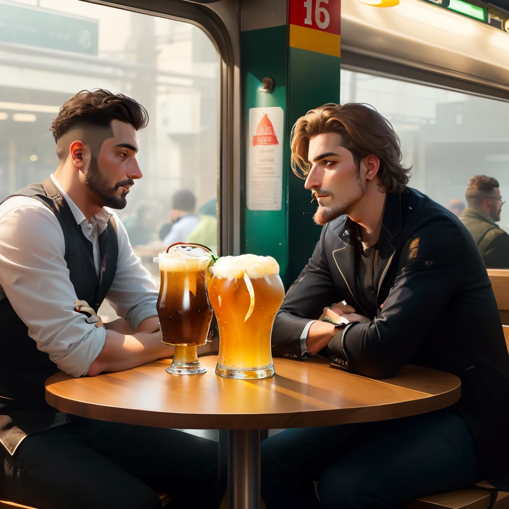 they are sitting at a table with drinks and a beer, drinking a beer at train station, petros and leonid, getting his tacos and drink), by Felipe Seade, by Aleksander Kotsis, by Daniel Lieske, golondrinas, with godray, with a drink, cheers, description, by Fernando Gerassi
