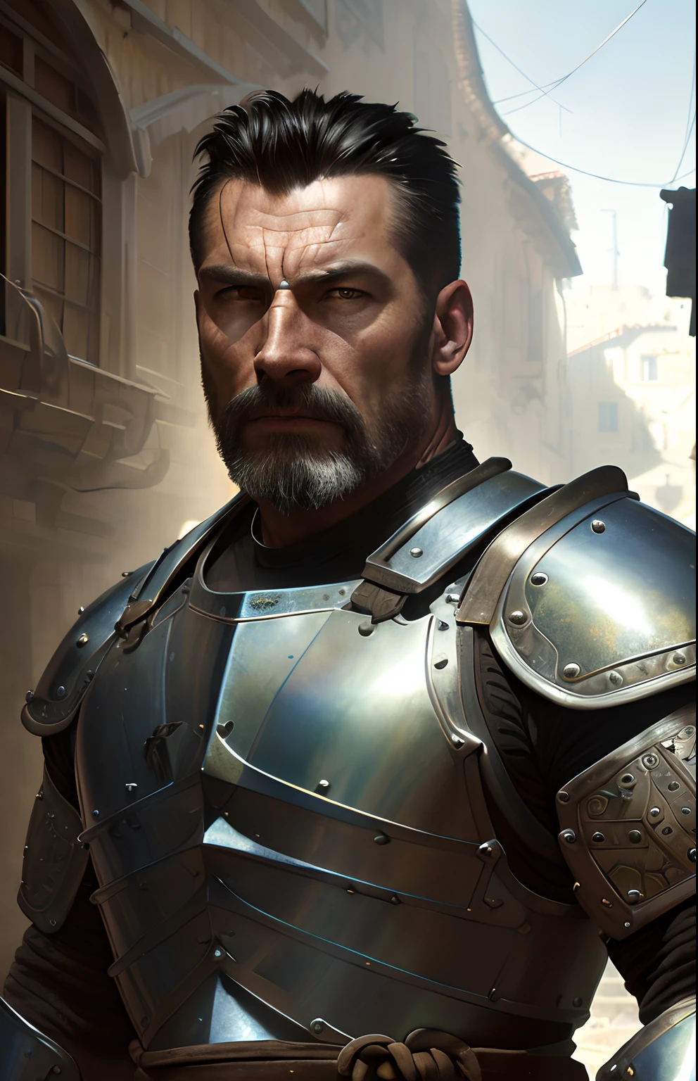 portrait of a muscular rugged warrior in a bright medieval street, ((old worn leather armor)), ((backlighting)), realistic, masterpiece, highest quality, puddle, lens flare, shade, (bloom), (chromatic aberration), by Jeremy Lipking, by Antonio J. Manzanedo, by (Alphonse Mucha), digital painting