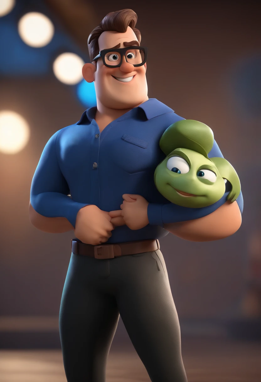 Cartoon character of a man wearing black glasses and a blue shirt, um personagem animado, Caractere estilizado, animation style rendering, 3D estilizado, Arnold Maya render, 3 d render stylized, toon render keyshot, Personagem 3D, Personagem 3D, 3d rendering stylized, 3 d character render, personagem de desenho animado, Personagem de close up, Pose de personagem, (Estilo Pixar) (master part:1.2) (Bokeh) (best quality) (pele detalhada) (textura detalhada) (8k) (argila) (Cinematic lighting) (foco nítido,Senta e vaza a parte superior do corpo