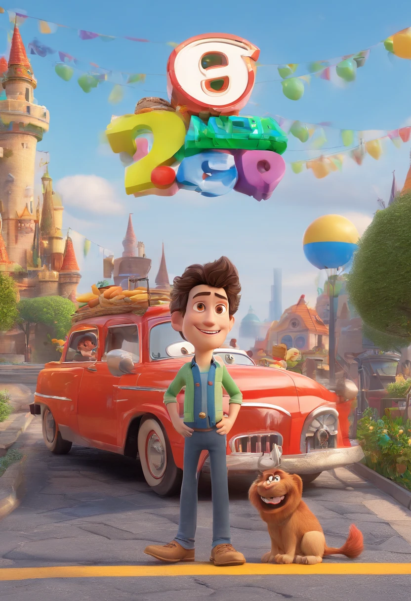 Estilo Pixar: homem moreno, cabelo curto e espetado, olhos castanhos, 38 anos, 1,69 metros, pai de 2 s, dono de hamburgueria, peso 84kg,3D Poster,Disney