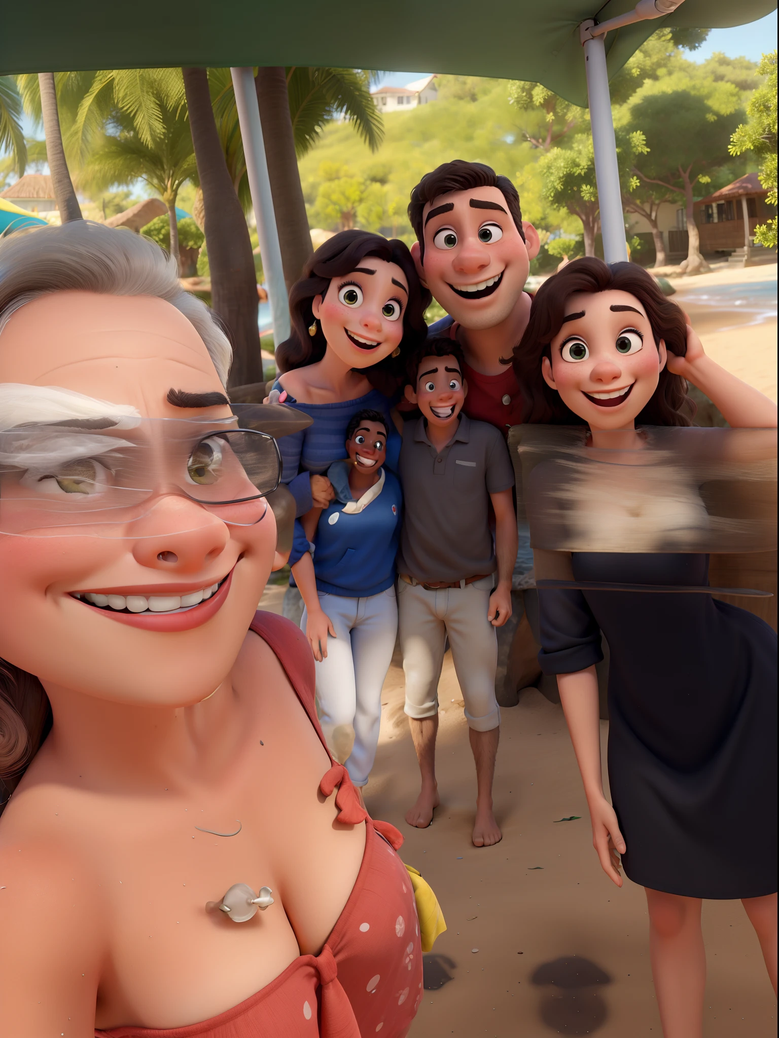 Obra-prima ao estilo Disney/Pixar in high quality and high resolution. Casal na praia, sorriso no rosto,