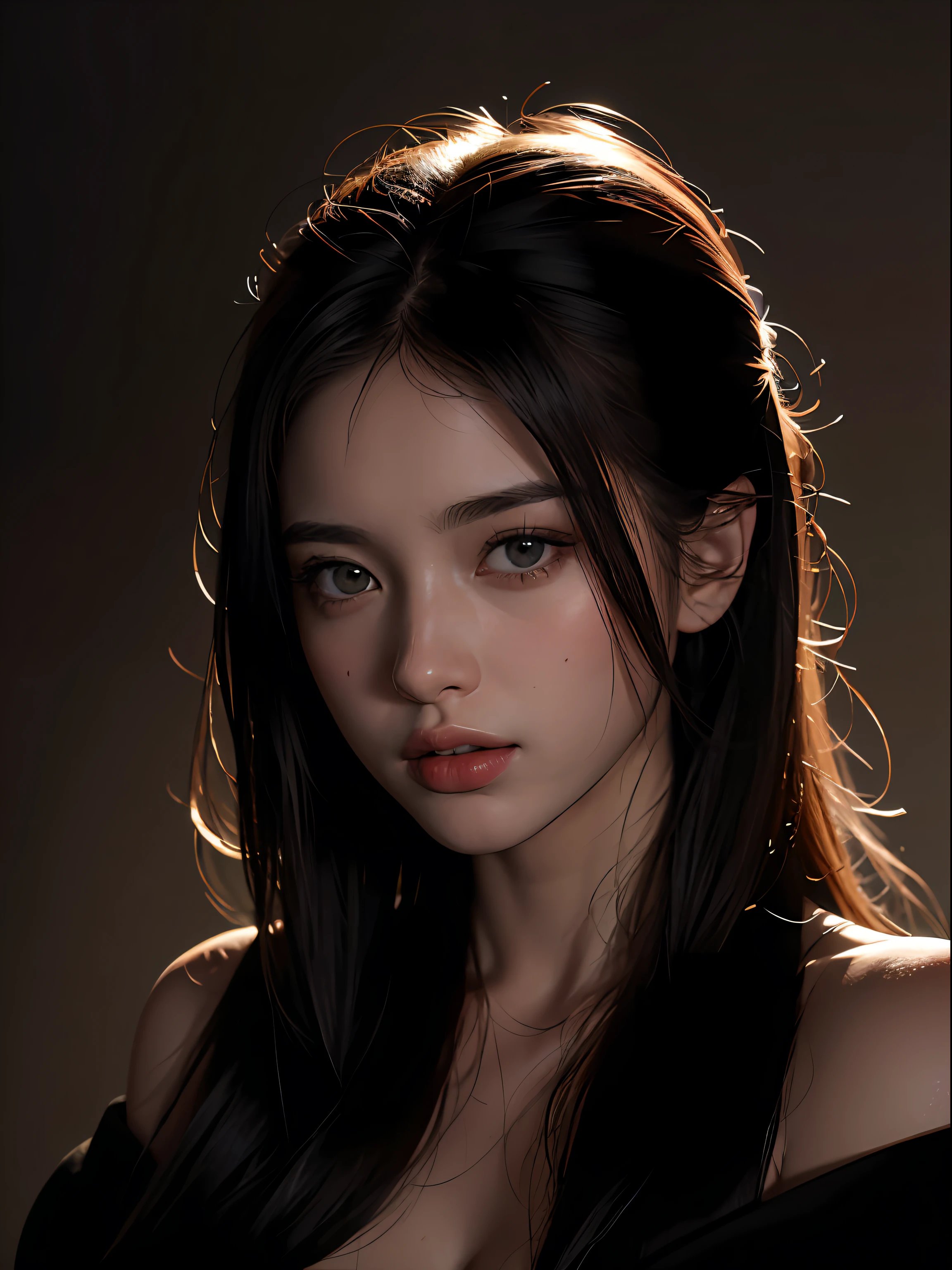 Best quality, masterpiece, ultra high res, (photorealistic:1.4), raw photo, 1girl, offshoulder, in the dark, deep shadow, low key, cold light