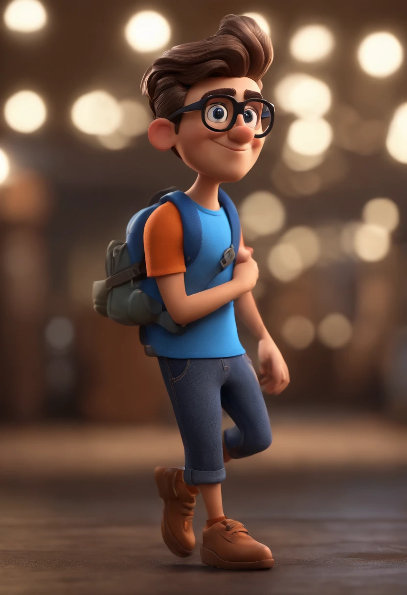 Cartoon character of a man with black glasses, cabelo cacheado marrom escuro e uma camisa azul, animation character, Caractere estilizado, animation style rendering, 3D estilizado, Arnold Maya render, 3 d render stylized, toon render keyshot, Personagem 3D, Personagem 3D, 3d rendering stylized, 3 d character render, personagem de desenho animado, Personagem de close up, Pose de personagem,  (Estilo Pixar) (master part:1.2) (Bokeh) (best quality) (pele detalhada) (textura detalhada) (8k) (argila) (Cinematic lighting) (foco nítido