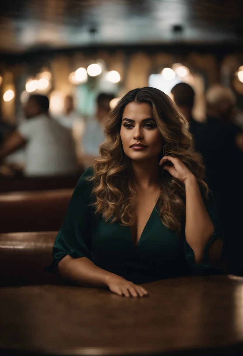 mulher feia obesa loira cabelo bem curto vestida de caipira em uma cadeira de bar