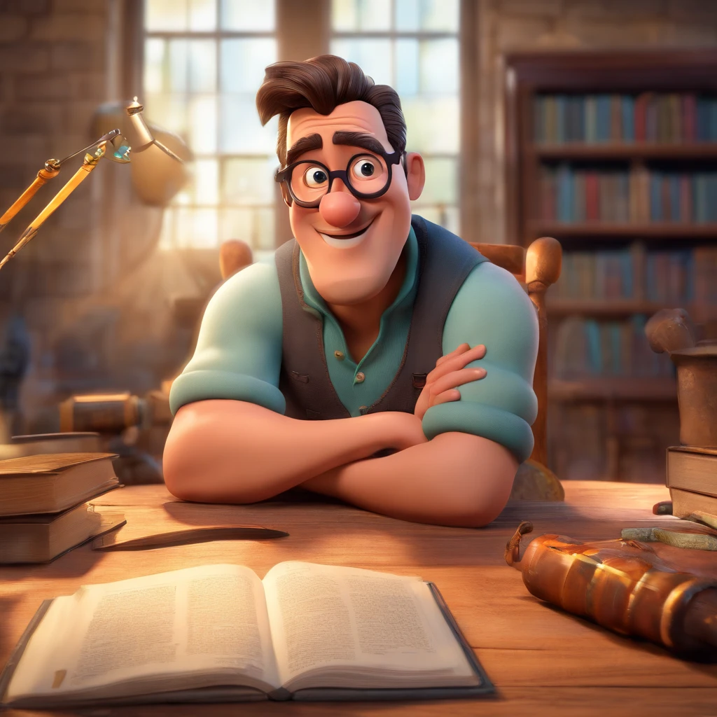 Create a Disney Pixar-inspired poster featuring the character of Pastor Rubens Janier, Un hombre de pelo gris con gafas, en una oficina con una Biblia en el escritorio