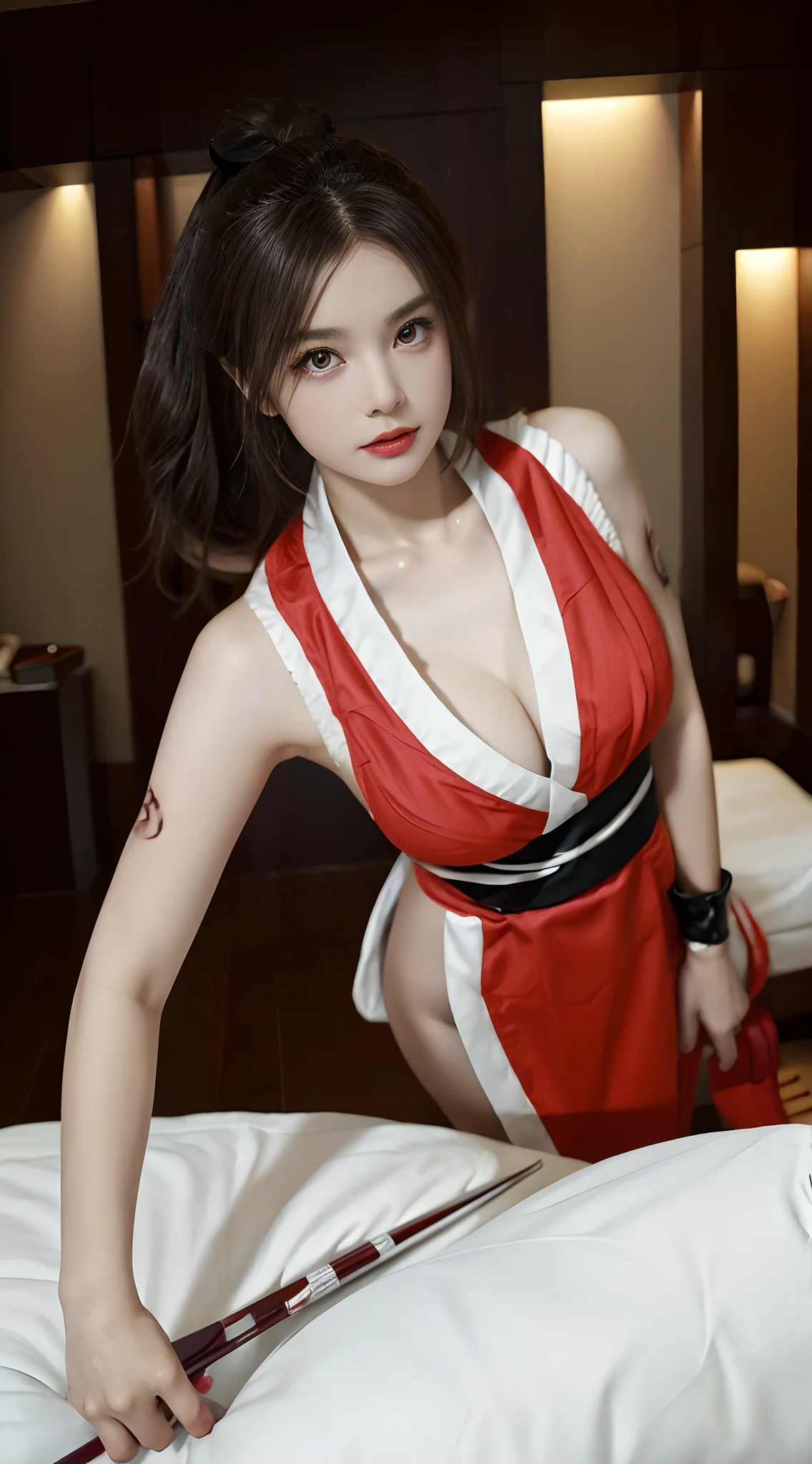 (tmasterpiece,top-quality,best qualityer,offcial art,Beauty and aesthetics:1.2),(1girll:1.3),(s fractal art:1.3)(Good lighting:1.1),((A high resolution)),with brown eye,long whitr hair,brown hair,White ribbon,无袖,pony tails,obi strip,pelvis curtain,cloths,mai shiranui,upperbody closeup,cleavage,Bigchest,low chest,huge tit, gigantic cleavage breasts: 1.2,Beds,Bedrooms,Wear less,Hotel