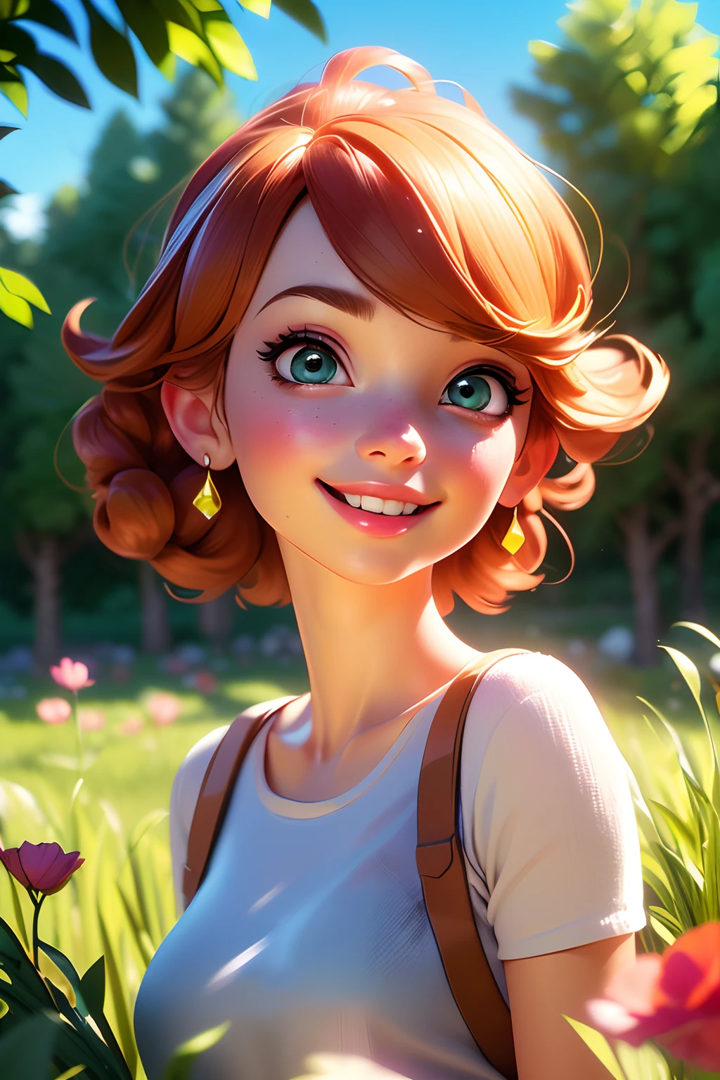 (best quality, 4k, 8k, highres, masterpiece:1.2), ultra-detailed, (realistic, photorealistic, photo-realistic:1.37), playful, cartoon, girl, cute smile, outdoor, 3d rendering, beautiful detailed eyes, beautiful detailed lips, extremely detailed eyes and face, longeyelashes, colourful, soft lighting, summer scenery, green grass, lively atmosphere