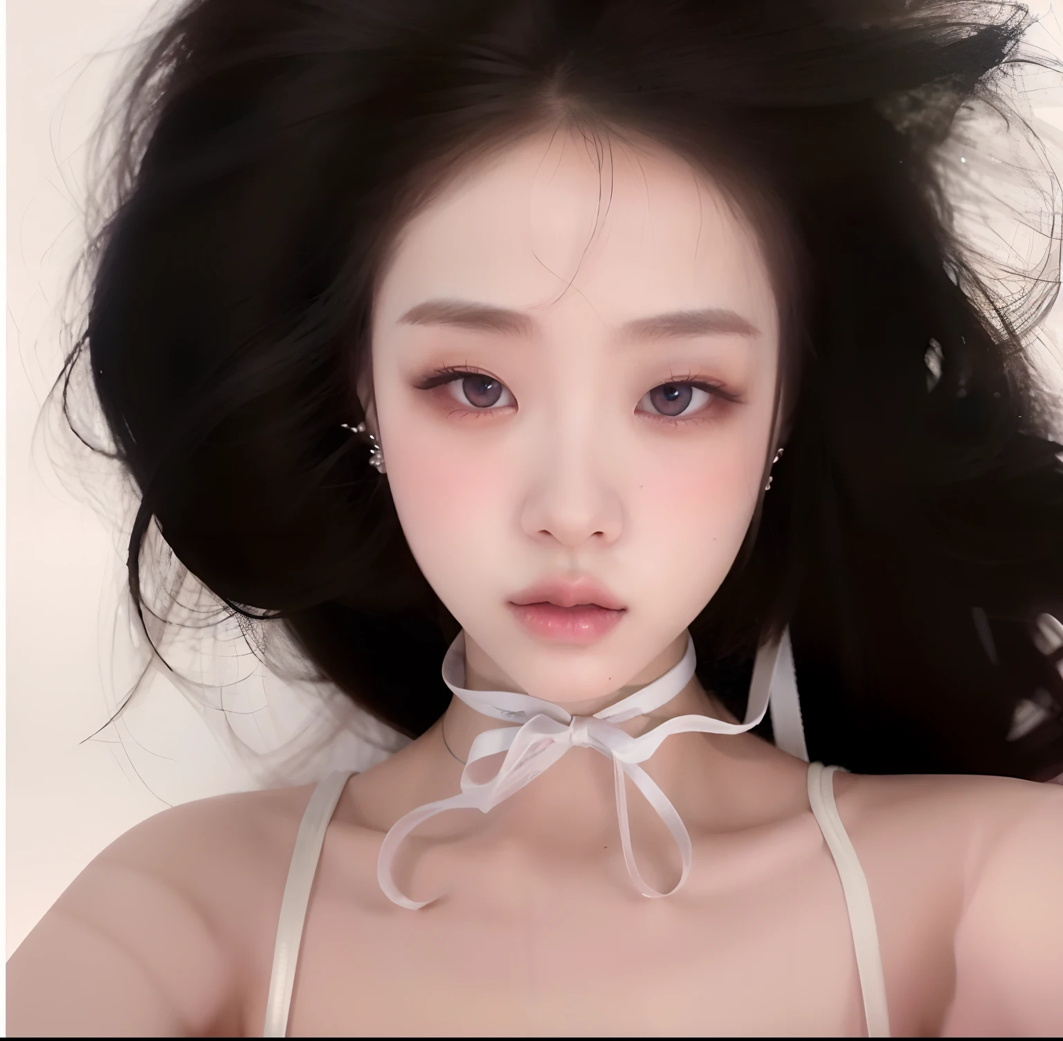 Hay una mujer de pelo largo acostada con un lazo alrededor del cuello, ulzzang, inspirado por Yanjun Cheng, cruel korean goth girl, Obras de arte al estilo de Guweiz, pale porcelain white skin, Korean symmetrical face, Guweiz, china doll face, Obra maestra de Guweiz, Yanjun Chengt, Inspirado por Jeonseok Lee