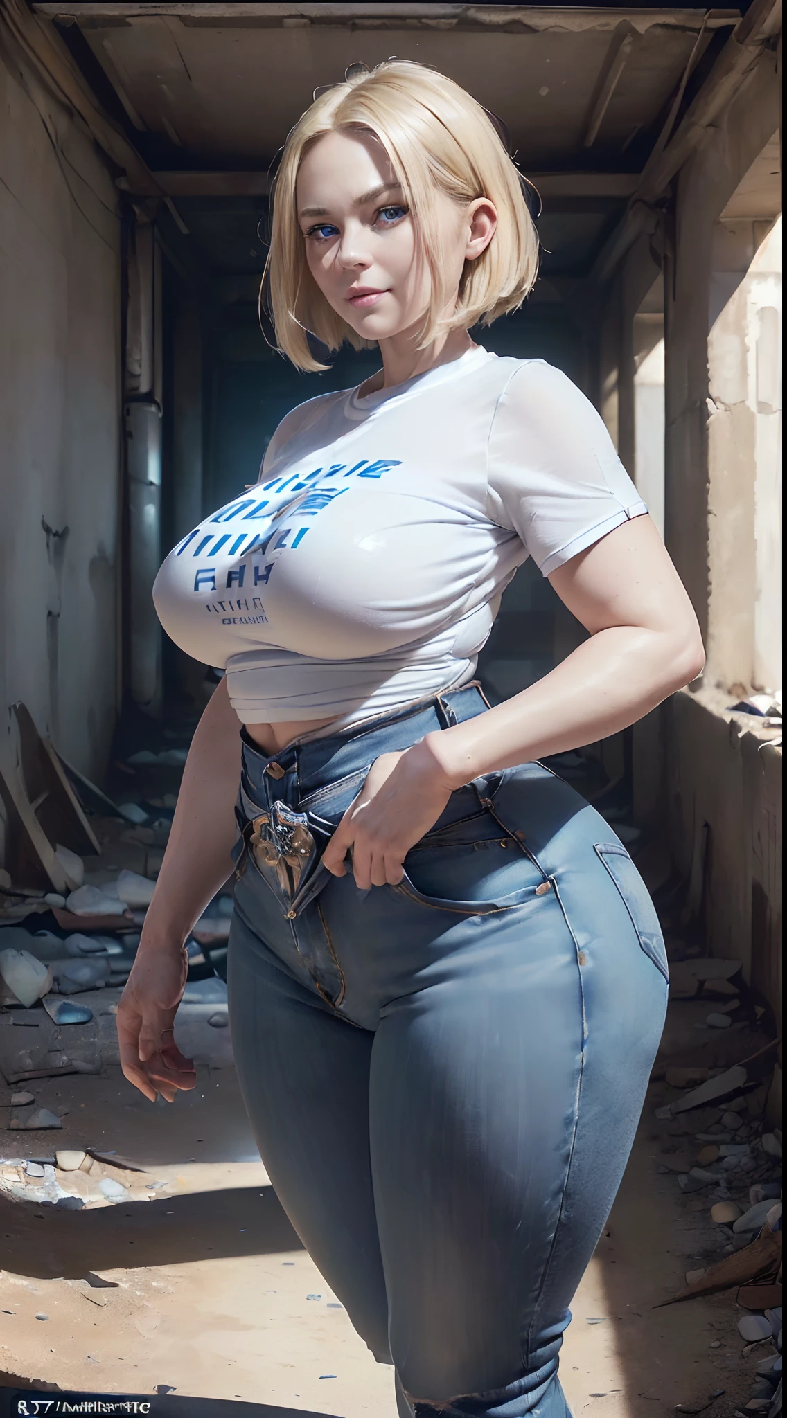 (((front view))), ((Unreal Engine 5)), ((Masterpiece)), ((ultra high definition)), ((ultra high resolution)), ((full sharpness)), ((maximum quality)), ((Cinematic)), ((8k)), ((very old blonde woman)), ((extremely beautiful)), ((fat woman)), ((very tall woman)), ((alone)), ((full body)), ((ultra detailed face)), ((ultra detailed eyes)), ((very blue eyes)), ((ultra realist eyes)), ((ultra detailed irises)), ((totally normal irises)), (((identical irises))), ((ultra delicate hands)), ((ultra detailed hands)), ((small hands)), ((ultra detailed fingers)), ((natural lighting)), ((malicious smile)), ((smooth skin)), ((ultra small breasts)), ((very big ass)), ((huge ass)), ((huge body)), ((ultra wide hips)), ((huge hips)), ((ultra wide hip bones)), ((very wide pubis)), ((ultra thick thighs)), (((ultra thin waist))), ((natural skin), ((totally ultra realistic)), ((repeat the same face)), ((always the same face)), ((repeat always the same face)), ((always the same body)), ((always the same proportions)), ((very flat belly)), ((looking at the camera)), ((wearing jeans and t-shirt)), ((straight hair)), ((very short hair)), ((in an abandoned bunker)), ((very hot)), ((natural colors))