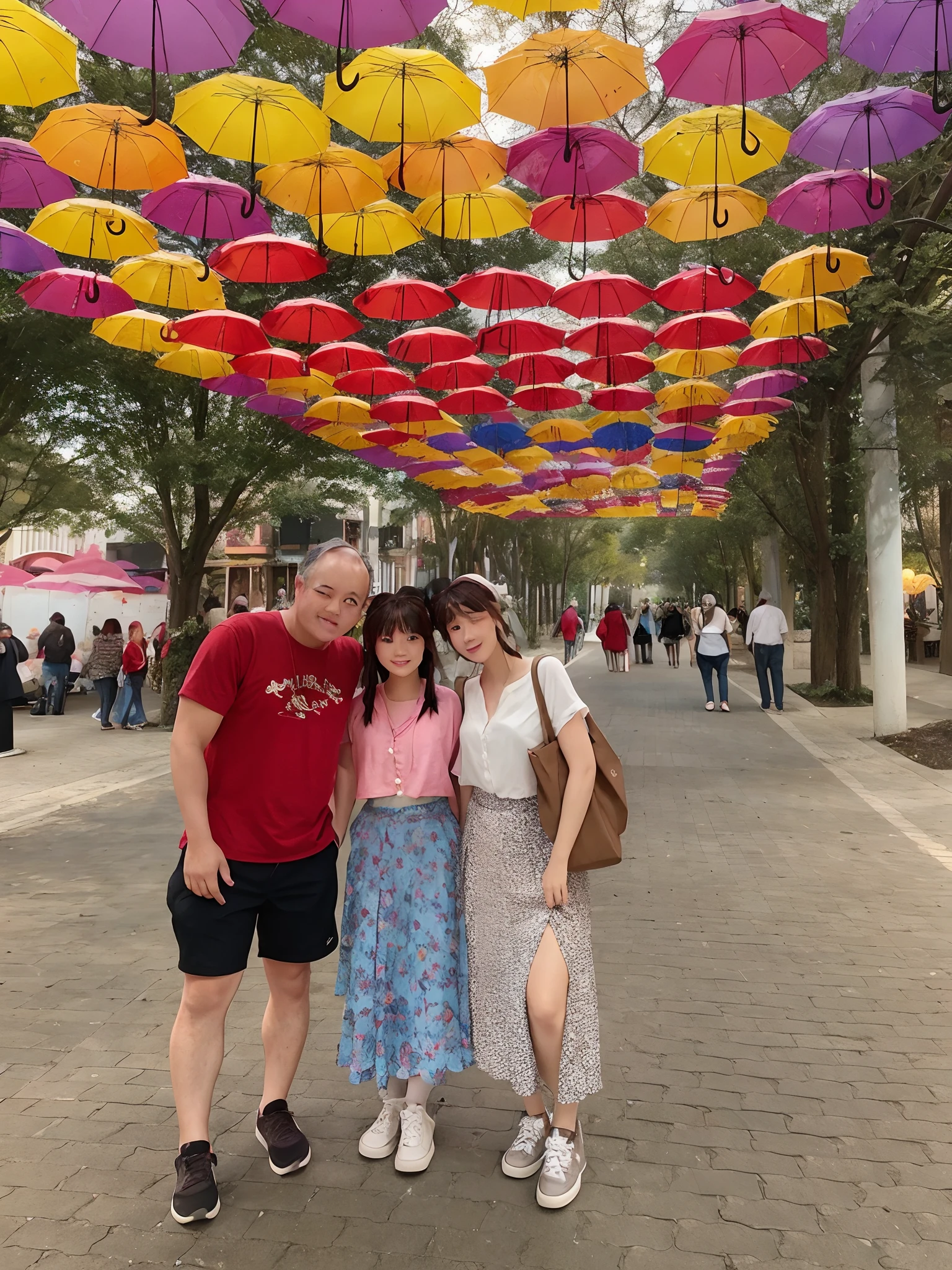 There's a couple and their daughter underneath a canopy of Disney Pixar-style umbrellas