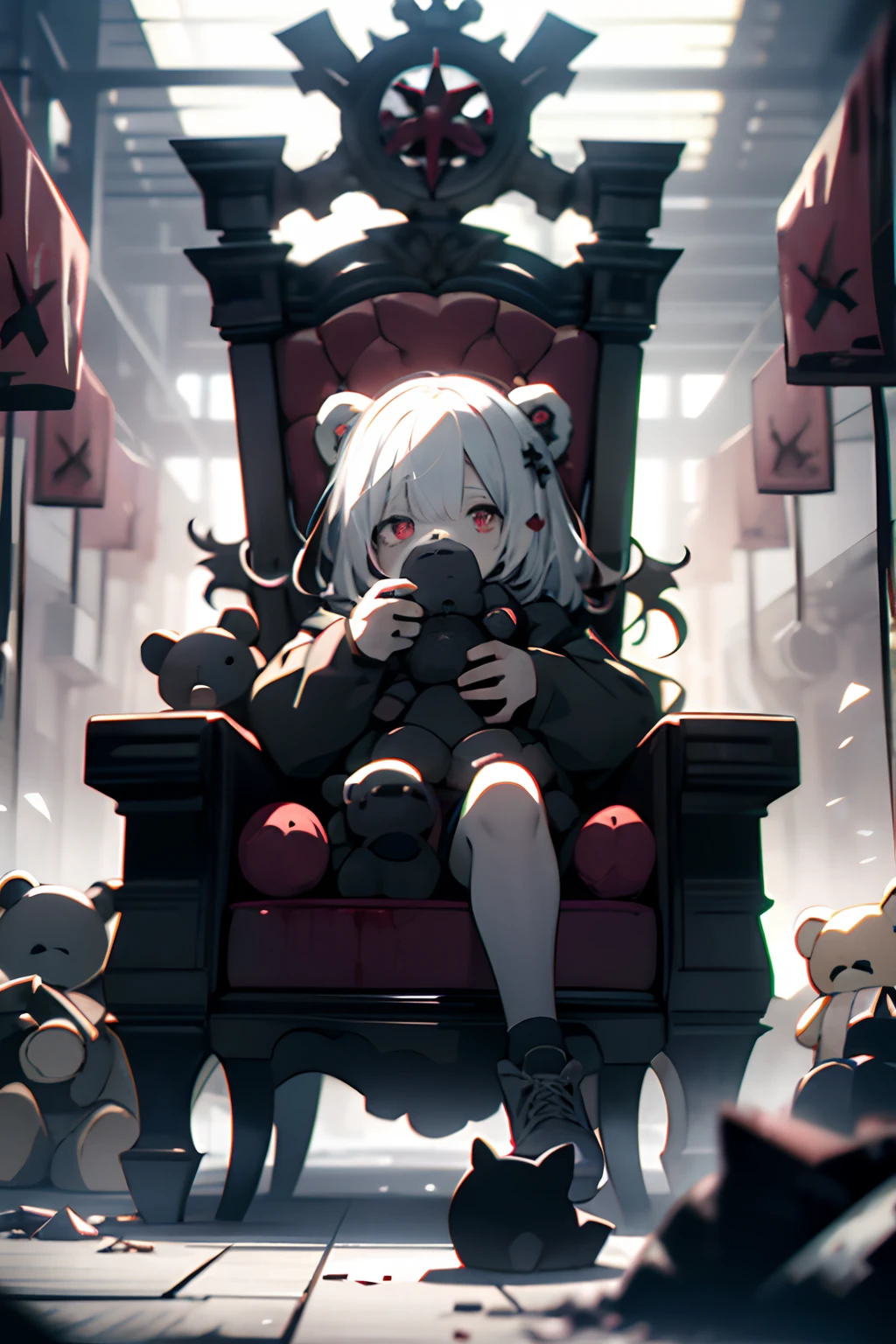 sitting in a throne、teddy bears、teddy bears、dead body、Blood everywhere、blood splashing、dark hue、Red hue、shinigami