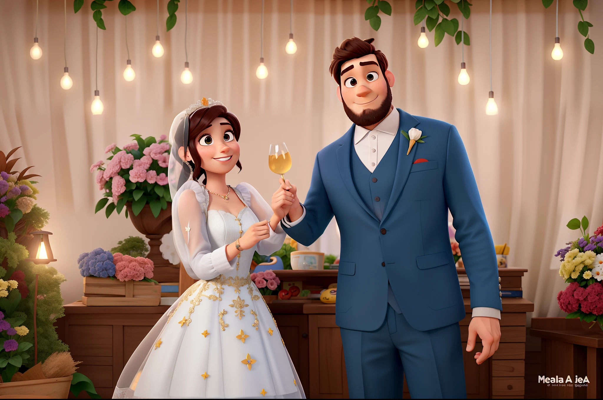 Wedding couple toasting with champagne glasses in disney pixar style, ela ruiva, with wedding dress and he with suit and dark blue pants and beard, , studio lighting. In the background a wall of myrtle with pink flower decoration, marsala, branca e creme. alta resolução, best resolution.