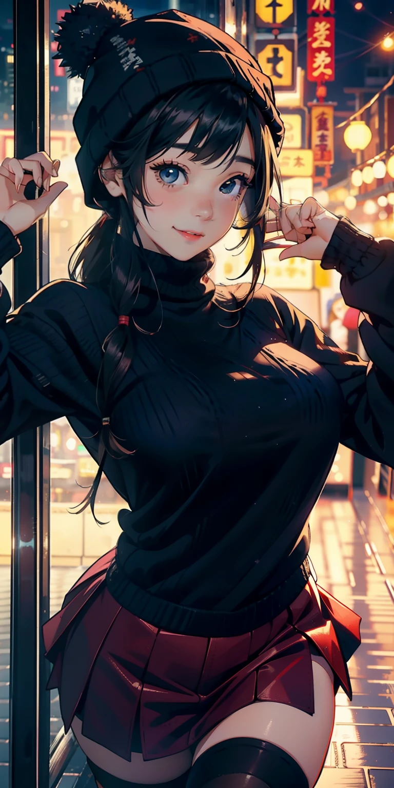 realisticlying、11 year old girl、Wearing a turtleneck sweater、Wearing a knitted hat、Wearing a ruffled miniskirt、Breasts enlarged、Versatile sexy poses、Face smile、Hong Kong on Christmas Night