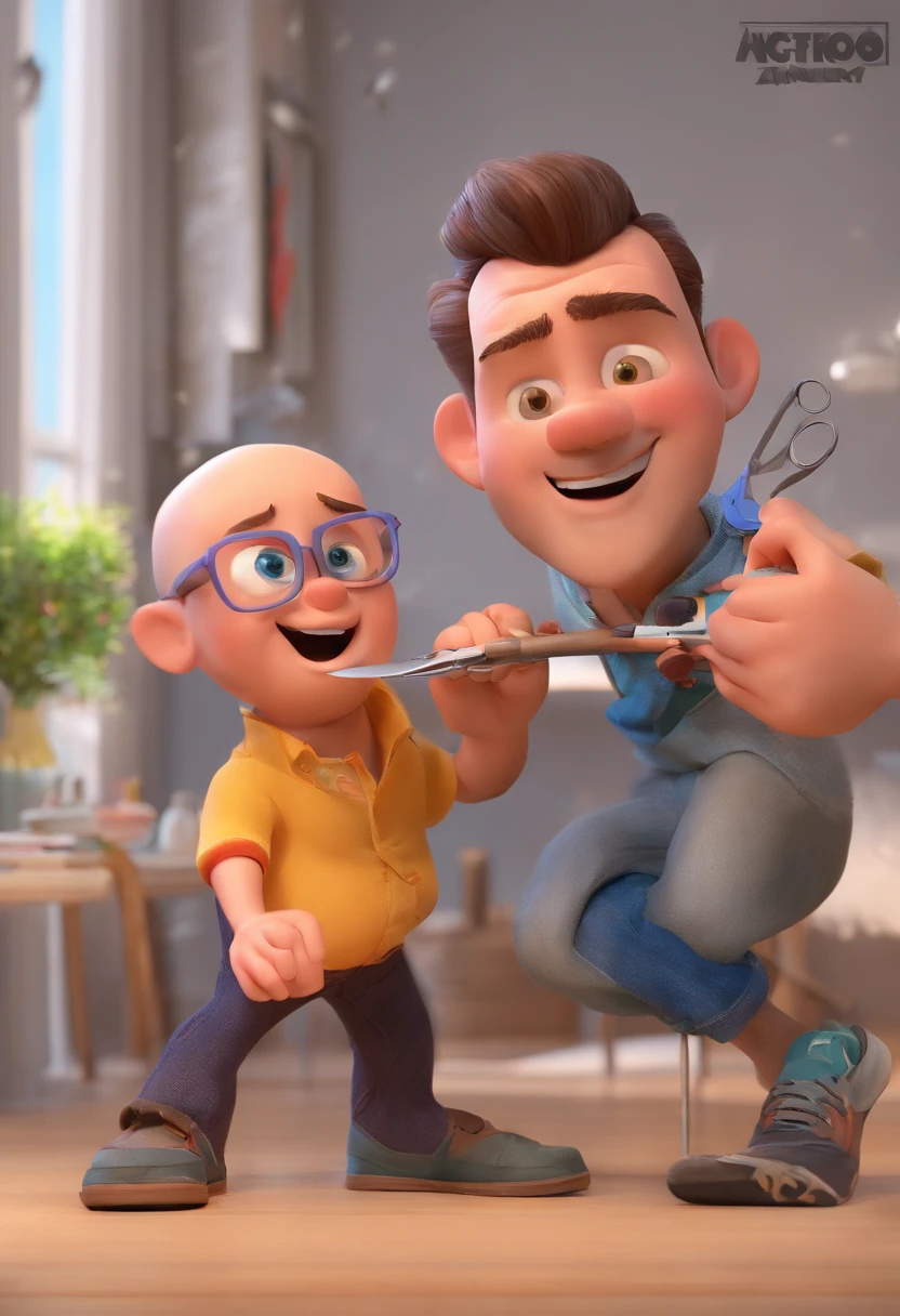 Estilo Pixar: The grown man is holding a naked blue-eyed boy and in his other hand he is holding a pair of scissors and is trying to cut off the boy's testicles,3D Poster,Disney