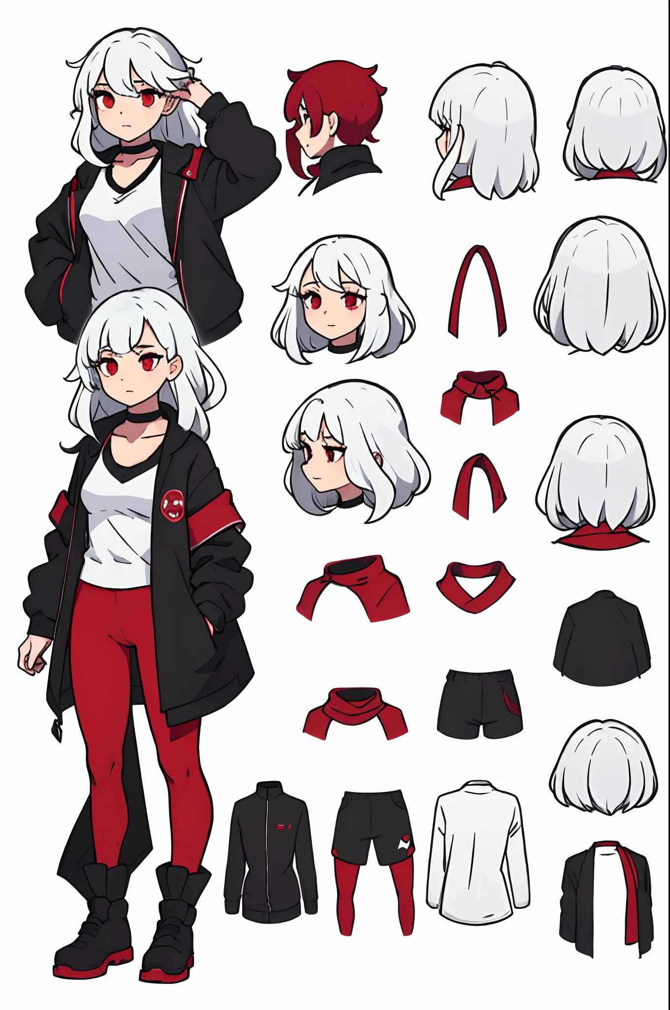 (character design sheet, same character, front, side, back), white background, long wavy hair, white hair, red eyes, black choker on neck, no jacket, white top, red tight leggings, full body, modern clothing