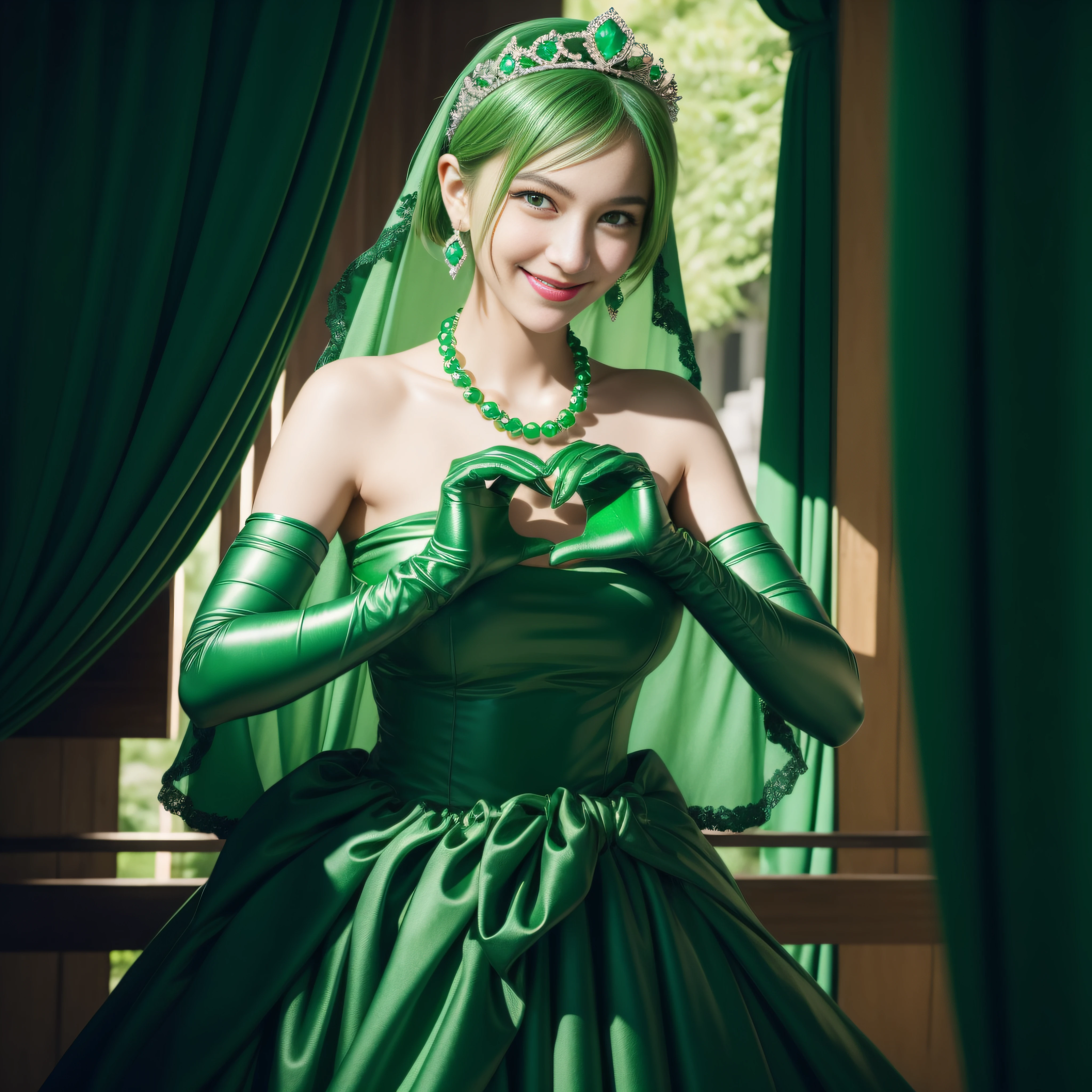 emerald tiara, Green Pearl Necklace, Boyish very short green hair, lipsticks, Japan woman smiling, very short short hair, big breasts beautiful, Green eyes, Long green gloves made of satin material, Green eyes, Emerald Earrings, green vale, Heart with both hands