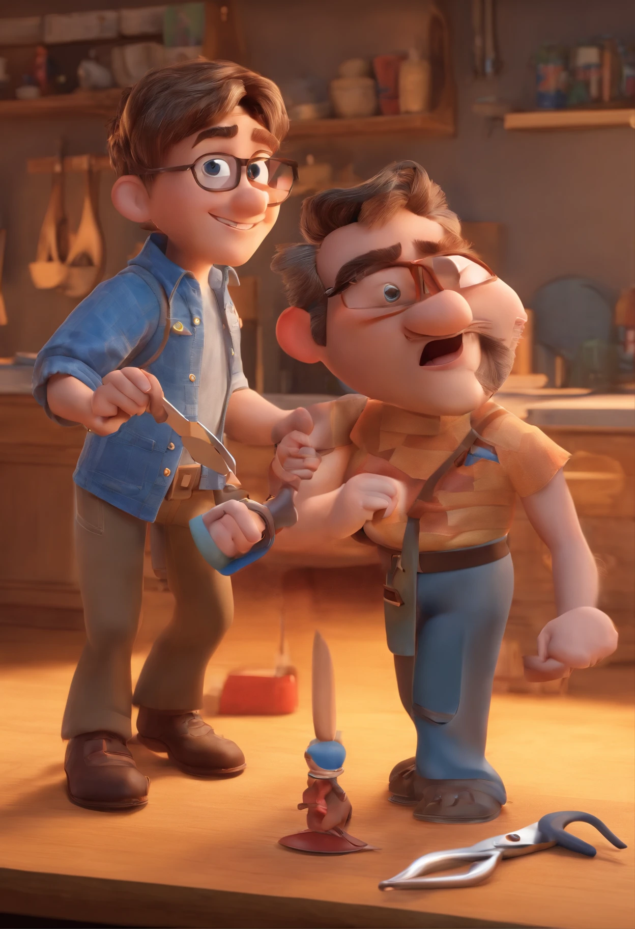 Estilo Pixar: The grown man is holding a naked blue-eyed boy and in his other hand he is holding a pair of scissors and is trying to cut off the boy's testicles,3D Poster,Disney