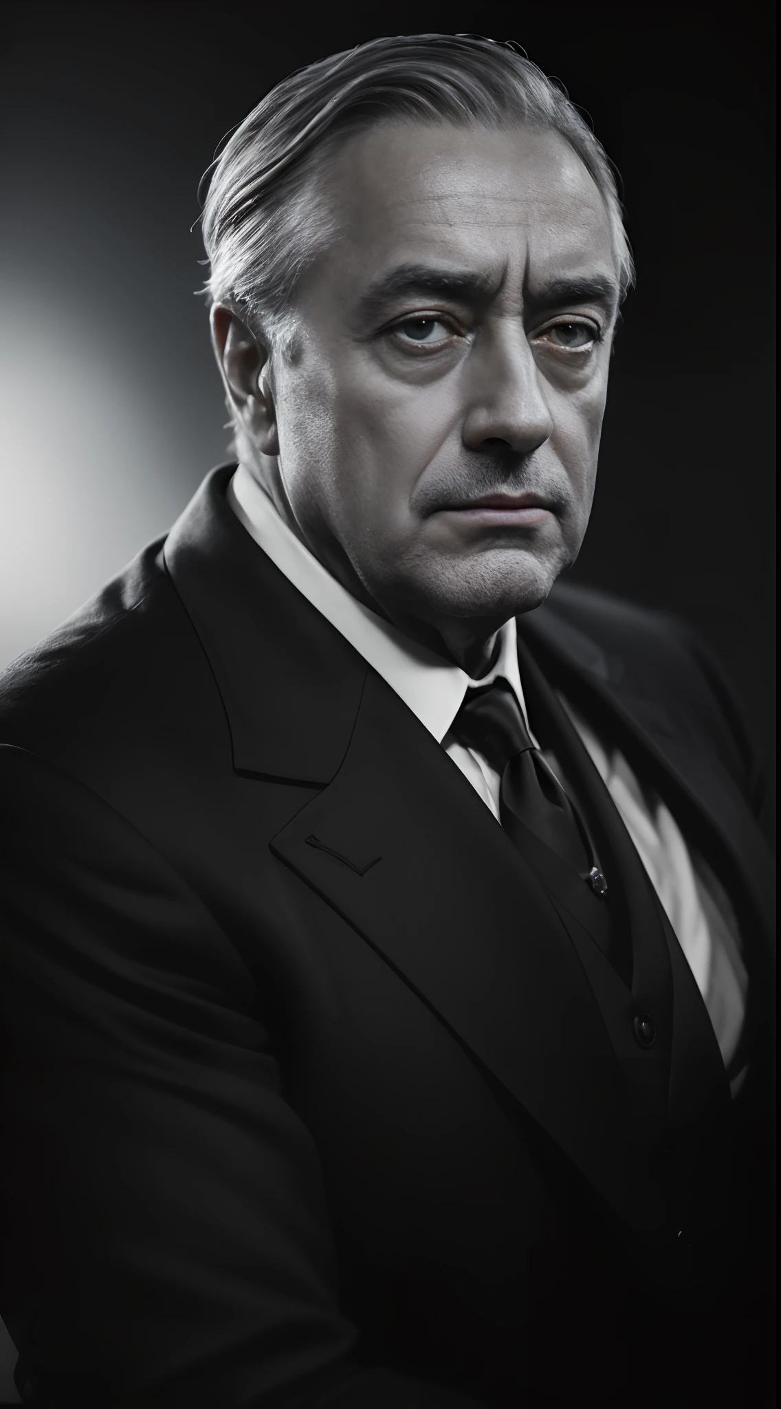 A portrait of Franklin D. Roosevelt (best quality,4k,8k,highres,masterpiece:1.2),ultra-detailed,(realistic,photorealistic,photo-realistic:1.37),portrait medium shot ,black and white,lighting:slightly dramatic,serious expression,formal attire,sitting position,aged appearance,strong facial features,prominent eyebrows,firm jawline,well-groomed mustache,deep-set eyes,intelligent gaze,contrasting shadows,subtle highlights,delicately textured skin,wisdom,leadership,charismatic presence,imposing stature,bold character,historical significance,etched lines,sense of depth,crisp details,presidential aura,commanding demeanor,strength and resilience,foreboding atmosphere