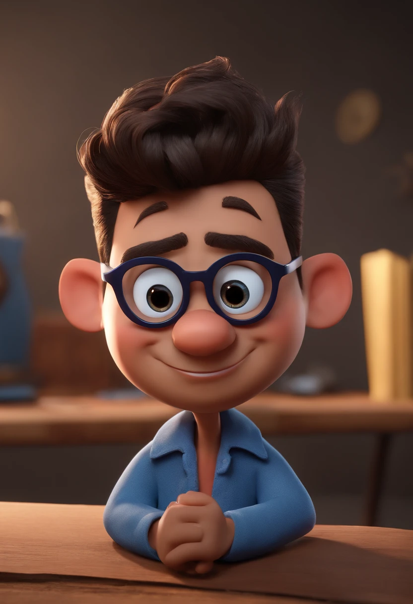 Cartoon character of a man with black glasses and a blue shirt, animation character, Caractere estilizado, animation style rendering, 3D estilizado, Arnold Maya render, 3 d render stylized, toon render keyshot, Personagem 3D, Personagem 3D, 3d rendering stylized, 3 d character render, personagem de desenho animado, Personagem de close up, Pose de personagem,  (Estilo Pixar) (master part:1.2) (Bokeh) (best quality) (pele detalhada) (textura detalhada) (8k) (argila) (Cinematic lighting) (foco nítido