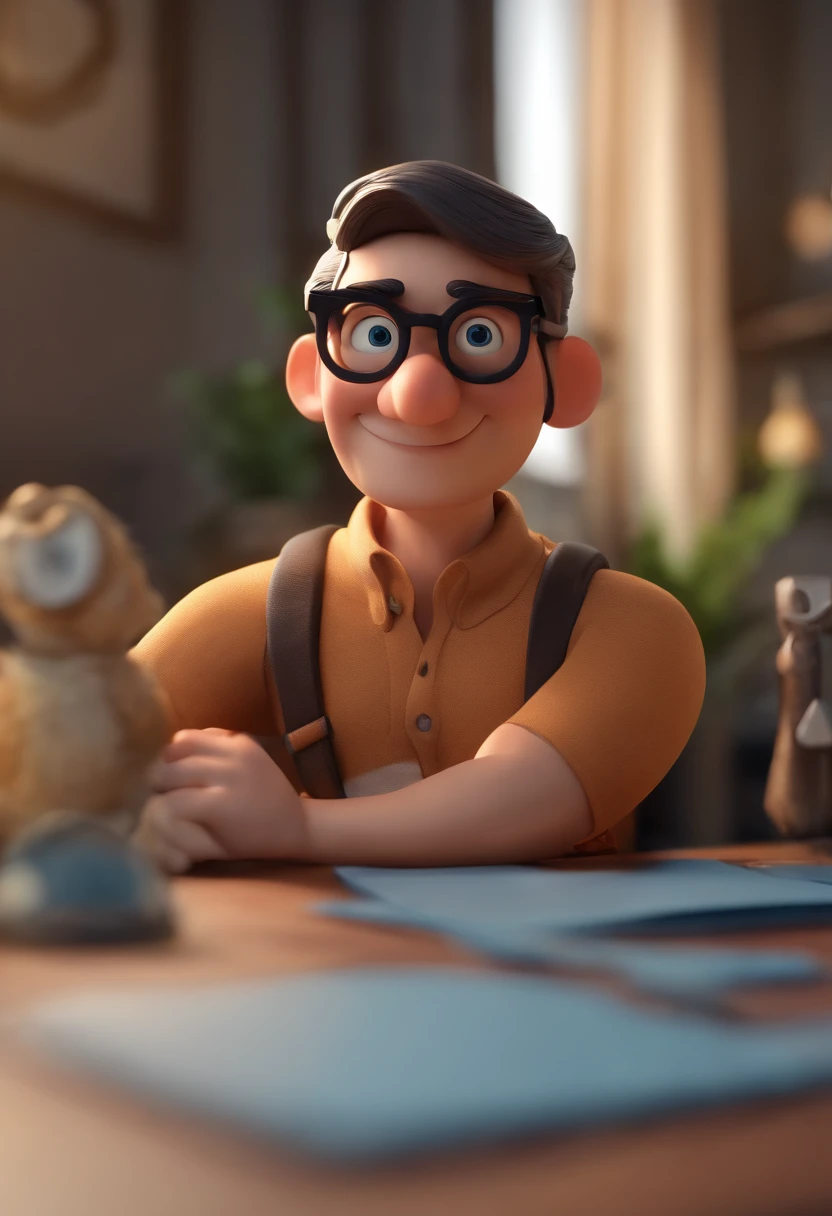 Cartoon character of a man wearing black glasses and a blue shirt, um personagem animado, Caractere estilizado, animation style rendering, 3D estilizado, Arnold Maya render, 3 d render stylized, toon render keyshot, Personagem 3D, Personagem 3D, 3d rendering stylized, 3 d character render, personagem de desenho animado, Personagem de close up, Pose de personagem, (Estilo Pixar) (master part:1.2) (Bokeh) (best quality) (pele detalhada) (textura detalhada) (8k) (argila) (Cinematic lighting) (foco nítido,Senta e vaza a parte superior do corpo