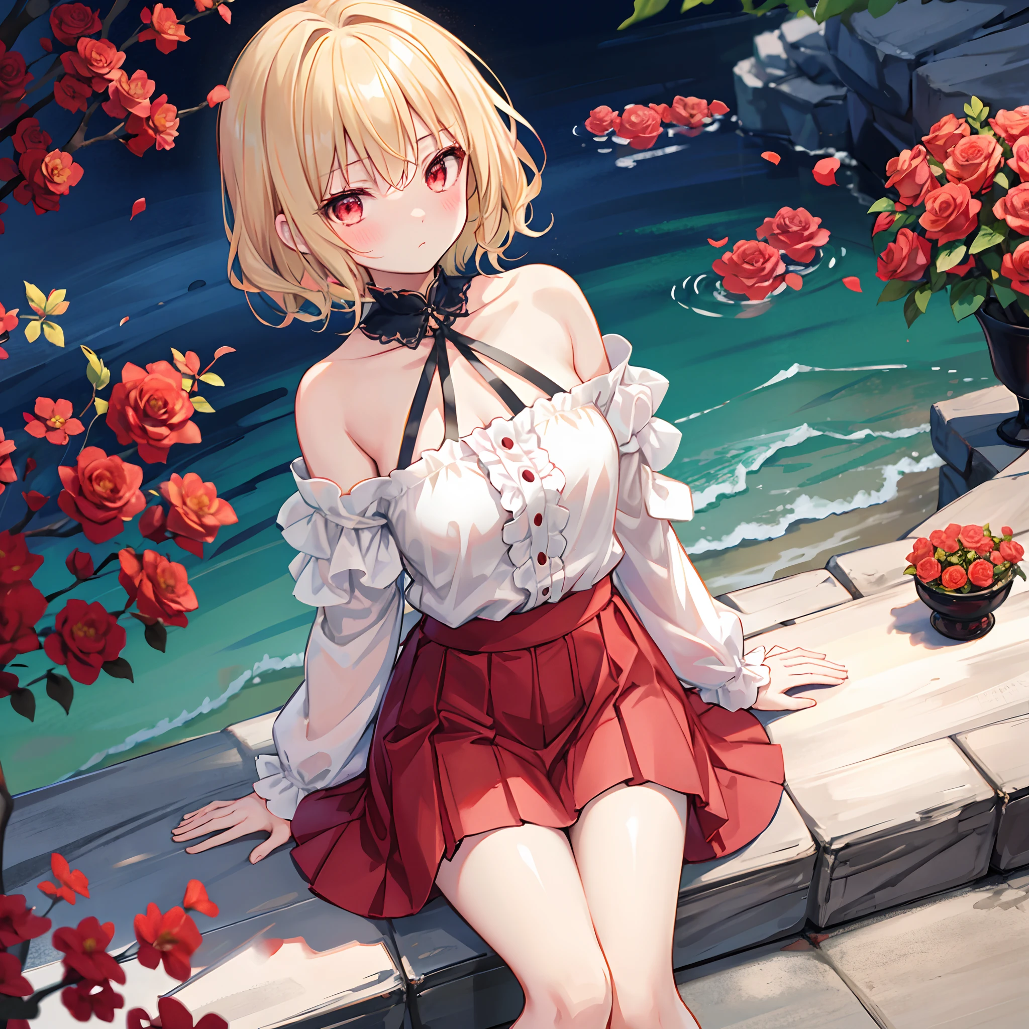 Short wavy blonde hair、Red-eyed girl、独奏、Sitting surrounded by roses、red blush、off shoulders、a miniskirt
