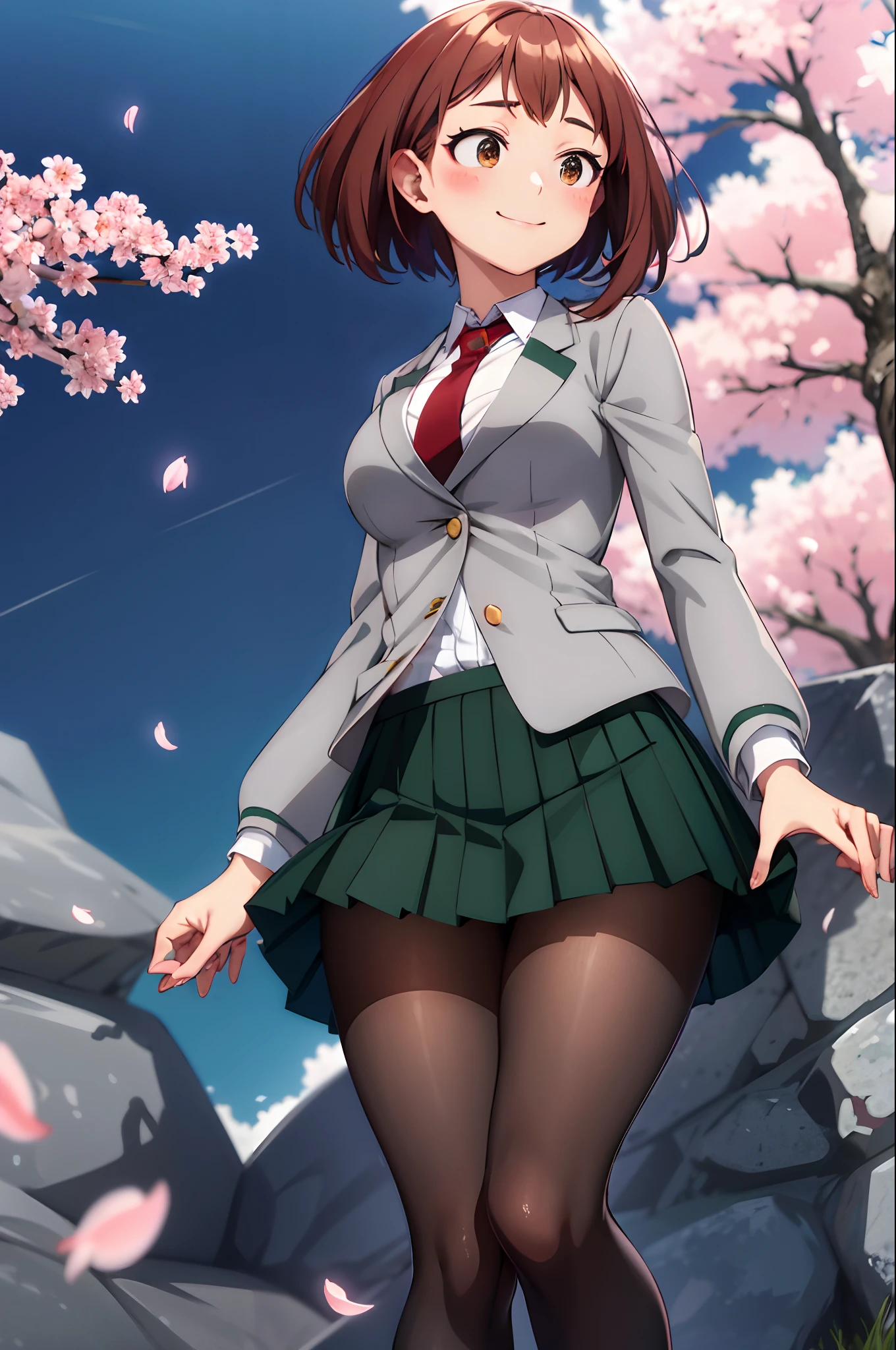 masterpiece, best quality, highres, hmochako, blush stickers, short hair, medium breasts. school uniform, green skirt, pleated skirt, red necktie, black pantyhose, white shirt, long sleeves, grey jacket, reaching out, smile, cherry blossoms, outdoors, cowboy shot, medium breasts, up skirt panties, showing panties, blush, sexy, athletic body