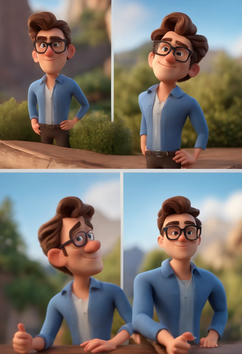 Cartoon character of a man with black glasses and a blue shirt, animation character, Caractere estilizado, animation style rendering, 3D estilizado, Arnold Maya render, 3 d render stylized, toon render keyshot, Personagem 3D, Personagem 3D, 3d rendering stylized, 3 d character render, personagem de desenho animado, Personagem de close up, Pose de personagem,  (Estilo Pixar) (master part:1.2) (Bokeh) (best quality) (pele detalhada) (textura detalhada) (8k) (argila) (Cinematic lighting) (foco nítido