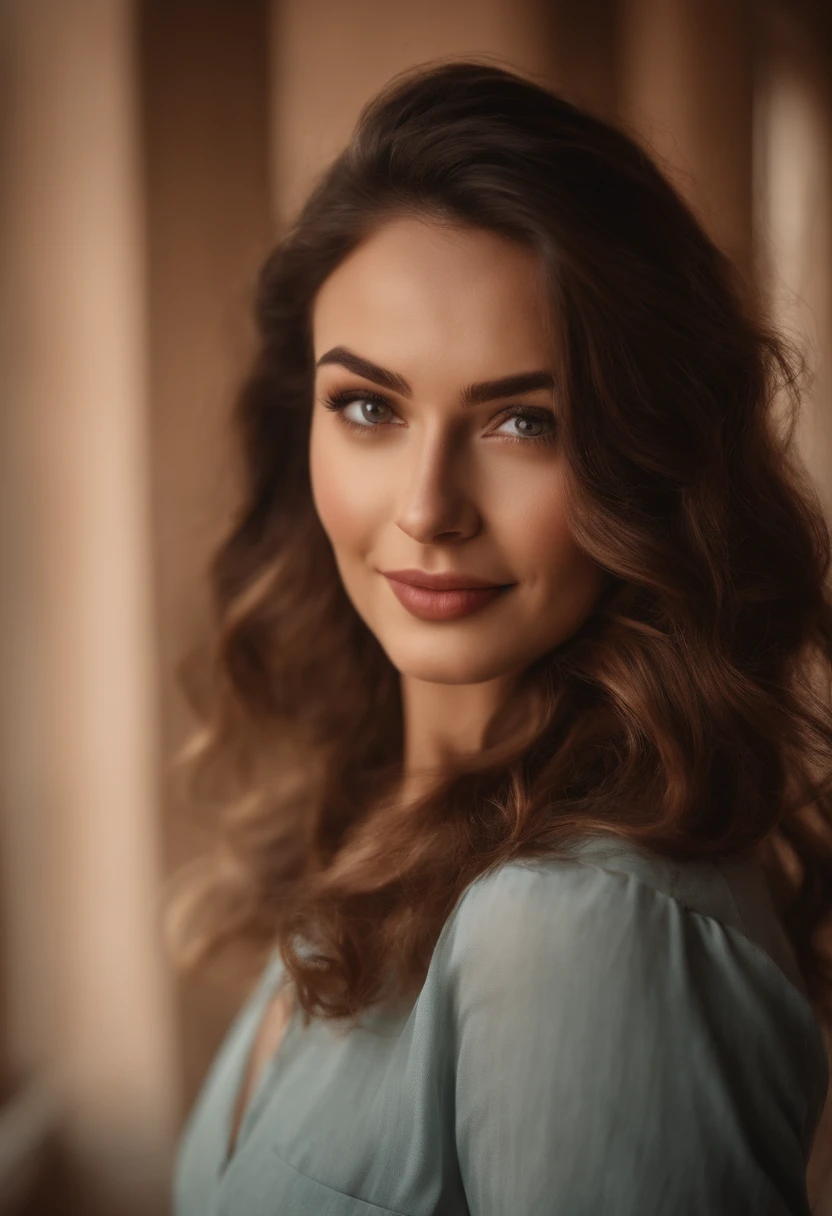 (best quality,highres),portrait,realistic style,detailed facial features,happy expression,beautiful eyes and lips,smiling,perfect lighting,soft shadows,vivid colors,warm color palette,studio setting,professional photography,subtle background,neutral background color