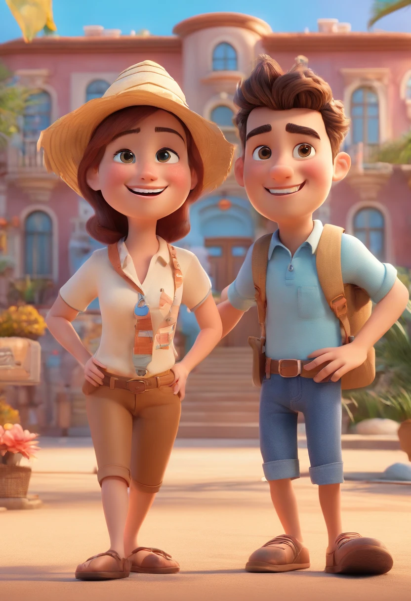 Cartoon of friends having fun on vacation together, 3D Animation Movie Poster, Poster de filme animado, pixar 3 d animation style, pixar renderman rendering, maia 8 mil, animated film, Disney Pixar Estilo 3D, amigos felizes saem juntos, all wearing light blue shirts and cream brown long pants, camisa azul clara, cream brown pants, ao ar livre, vacation, Disney Pixar Animation Poster
