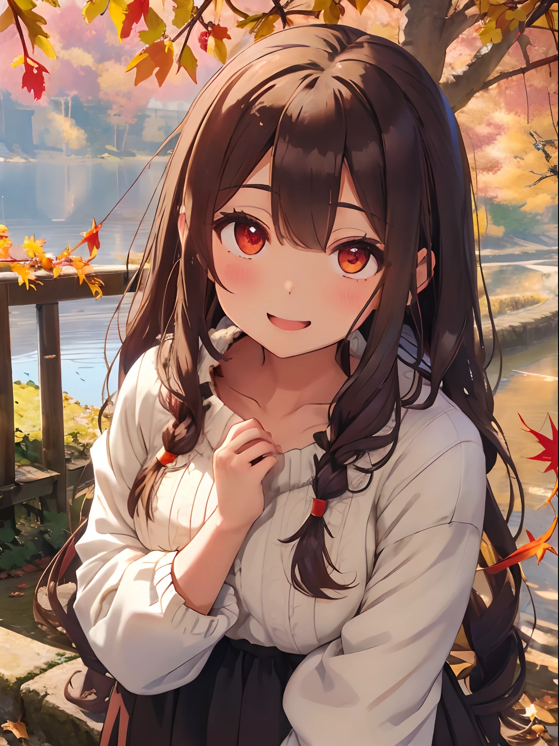 fluffy long hair,No bangs,Braids,Autumn outfit,The sleeves of the clothes are a little long,Chest wide open,Moe Sleeve,Lots of nature around the lakeside,The tree々Autumn leaves in autumn,Fruit Accessories(Grapes,muscat),Upper Eyes,Leaning forward、Take a prayer pose,red tide,delighted expression,