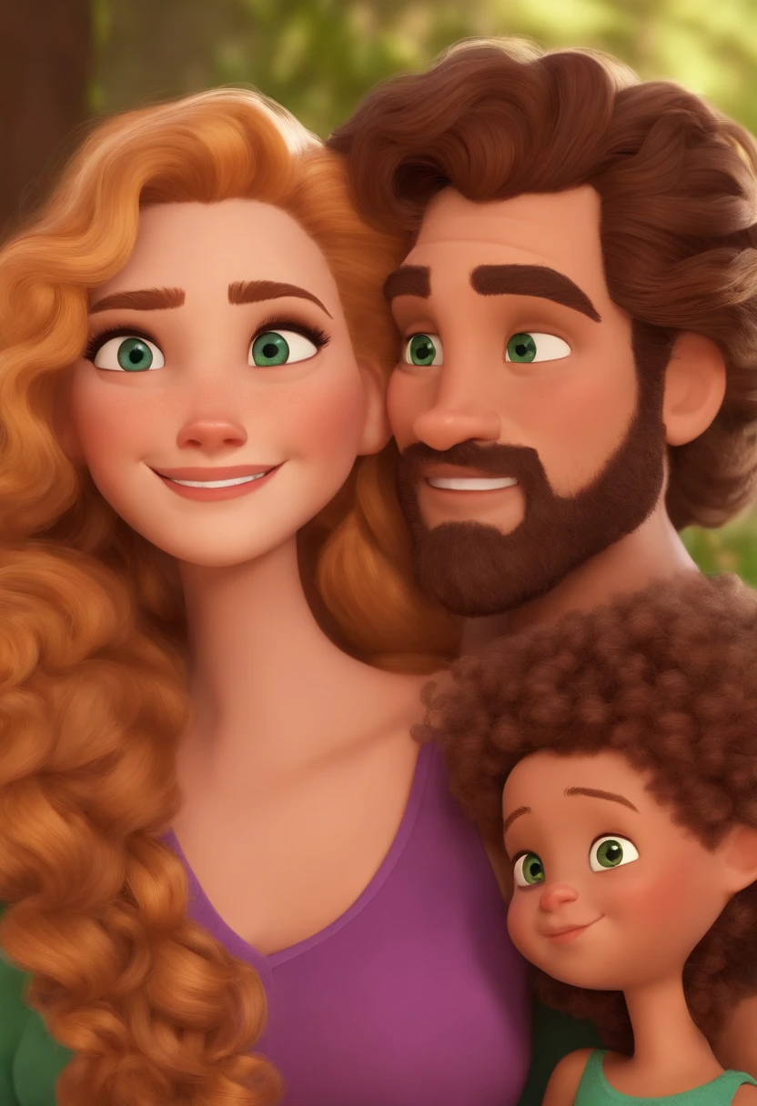 criar um personagem estilo pixar homem de 30 anos com cabelos e barba castanhos, Brown purple eyes next to her blonde twin daughters with curly hair and green eyes