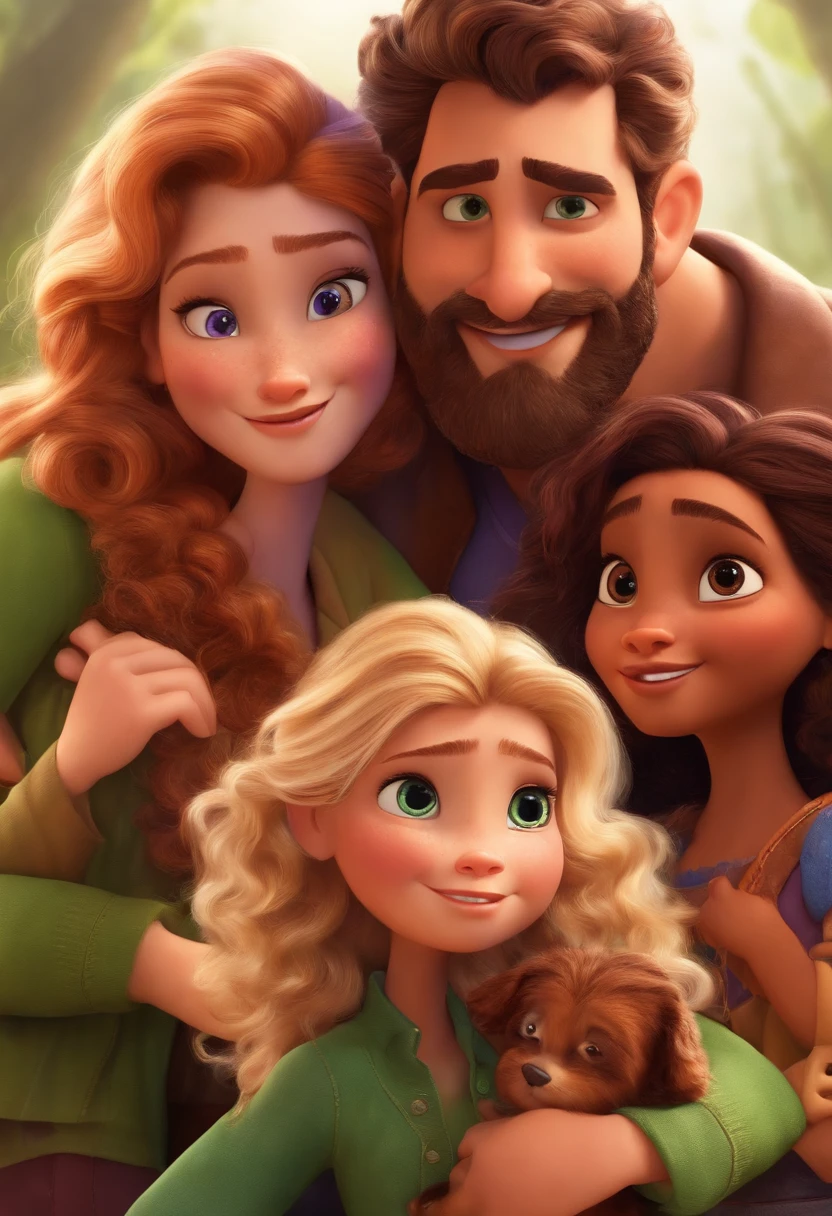 criar um personagem estilo pixar homem de 30 anos com cabelos e barba castanhos, Brown purple eyes next to her blonde twin daughters with curly hair and green eyes